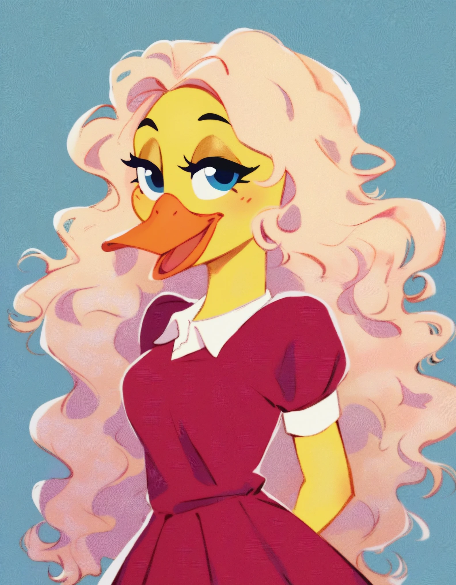 score_9, score_8_up, score_7_up, score_6_up, rating_Explicit, (by kyurisawa:1.2) (by chelodoy:1) (by ashraely:1) BREAK,, melissa Duck, (blond hair), (wavy hair),  (blue eyes), (narrowed eyes), (happy), (Red dress, clothing), (standing), (yellow skin), (solo:), (orange beak), skirt, 