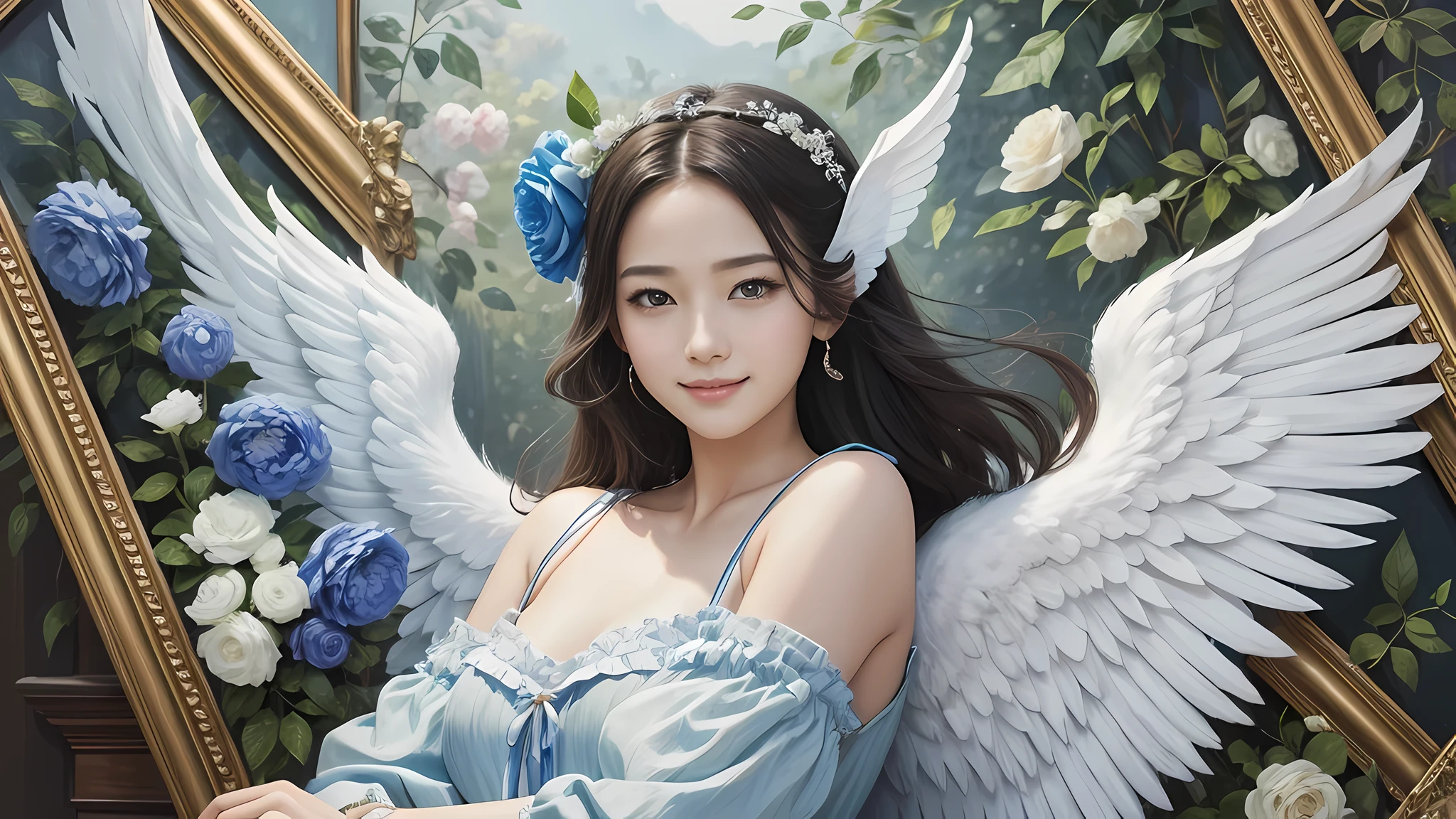 (angel wings、😇、laughter、😌🥰archaic smile).hyper real、Super realistic、Human body depiction without distortion、Man Lisa、Woman in arms、near and far law、three dimensional modern painting、modern、world masterpiece、collection、Homage to the art or works of art of Picasso and Renoir, not sentimental、excellent depiction、gentle expression、More detailed character faces, serious competition、composition like a painting、(Konmutsuki_Gacha_Series 1, punk_rosette), realistic、delicate brushstrokes、light blue flowers, (whole body, elegant floral background)