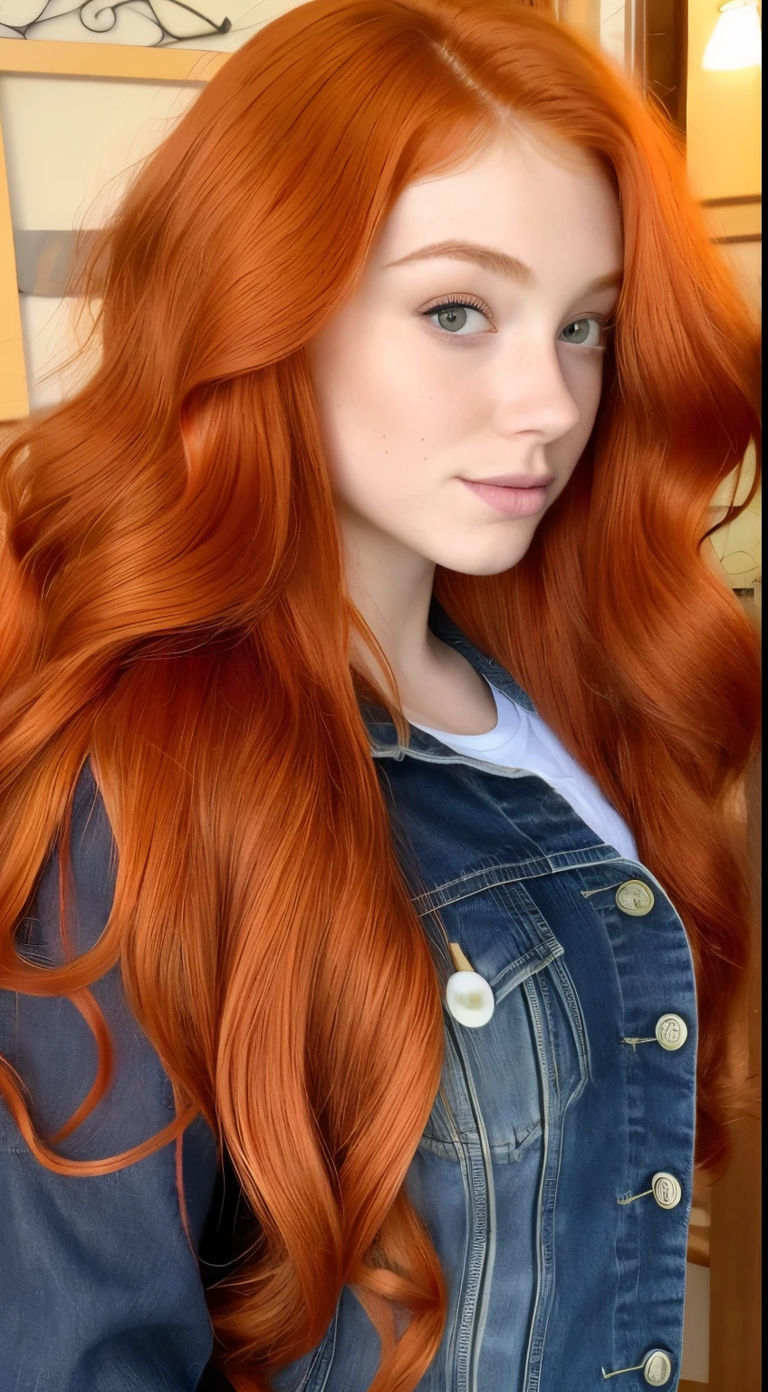 (A.J. Applegate:1.0) (20 years old) a close up of a woman with long red hair wearing a denim jacket, she has long redorange hair, she has long orange brown hair, flowing ginger hair, red hair and attractive features, long glowing red hair, curly copper colored hair, ginger wavy hair, long blonde or red hair, long orange hair, ginger hair, with long red hair, long loose red hair