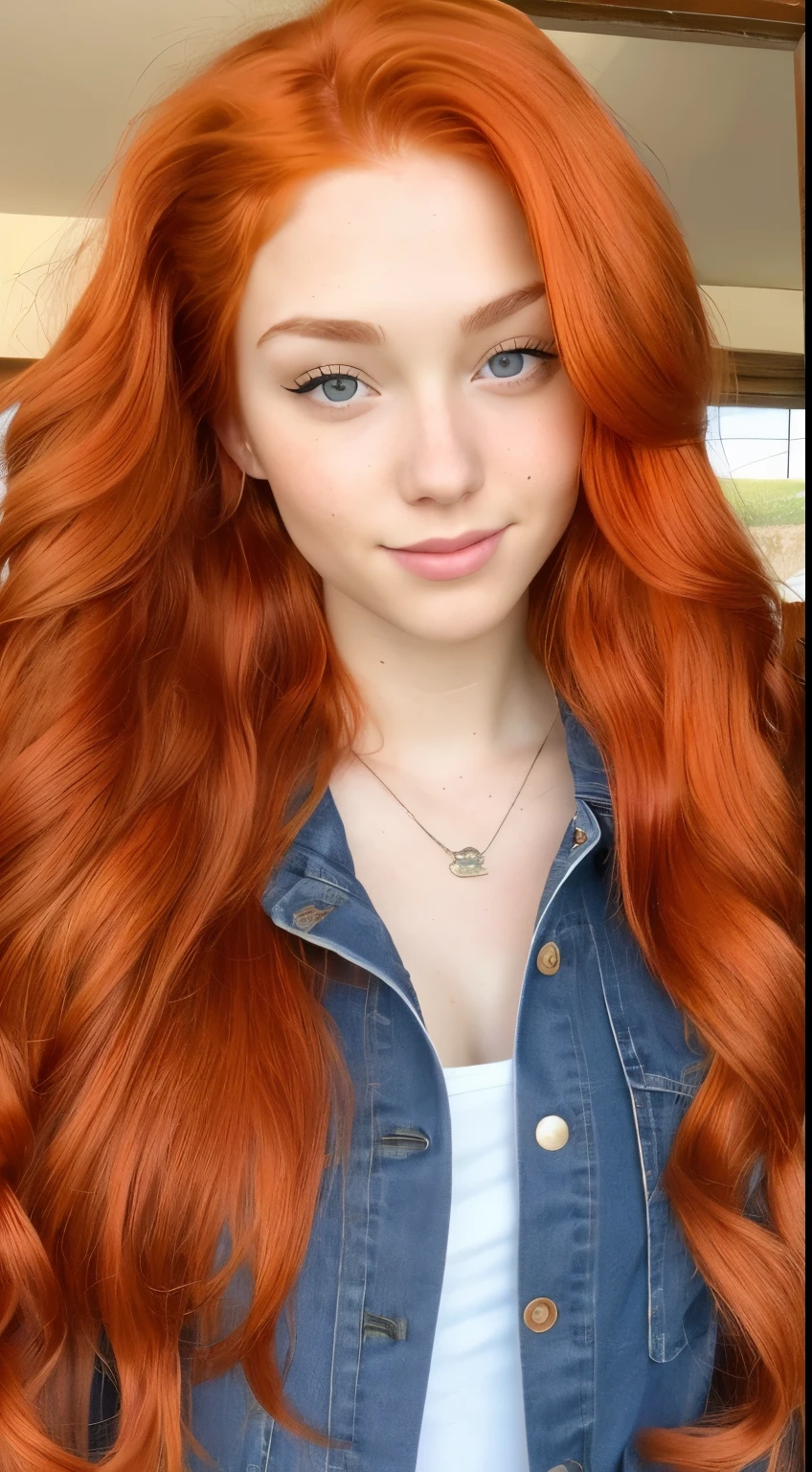 (A.J. Applegate:1.0) (20 years old) a close up of a woman with long red hair wearing a denim jacket, she has long redorange hair, she has long orange brown hair, flowing ginger hair, red hair and attractive features, long glowing red hair, curly copper colored hair, ginger wavy hair, long blonde or red hair, long orange hair, ginger hair, with long red hair, long loose red hair