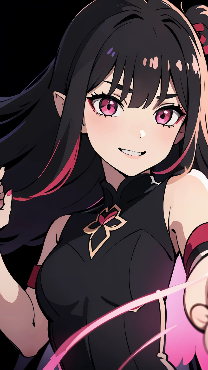 1girl, fairy girl, small, fairy wings, ((glowing pink fairy wings)), (fairy wings), Black hair color, ponytail hairstyles, short ponytail, red eye color, wearing leather armor, silver shoulder pads, black clothes,(glowing eyes), high resolution, extremely detailed CG unity 8k wallpaper, ((masterpiece)), ((top-quality)), (beautiful illustration), ((an extremely delicate and beautiful)), (masterpiece, Best quality, ultra high resolution), 1 girl, pale skin, Black Crown, red eyes, Luminous_eyes, neon red eyes, ultra detailed eyes, Beautiful and detailed face, detailed eyes, (Centered, torso), (wide shot:0.9), facing the viewer, Eye level, (floating hair), character focus, ((black light)), ((dark lighting)), cinematic lighting ,(darkness), (concept art), ((energetic face)), wide open smile, waving excitedly