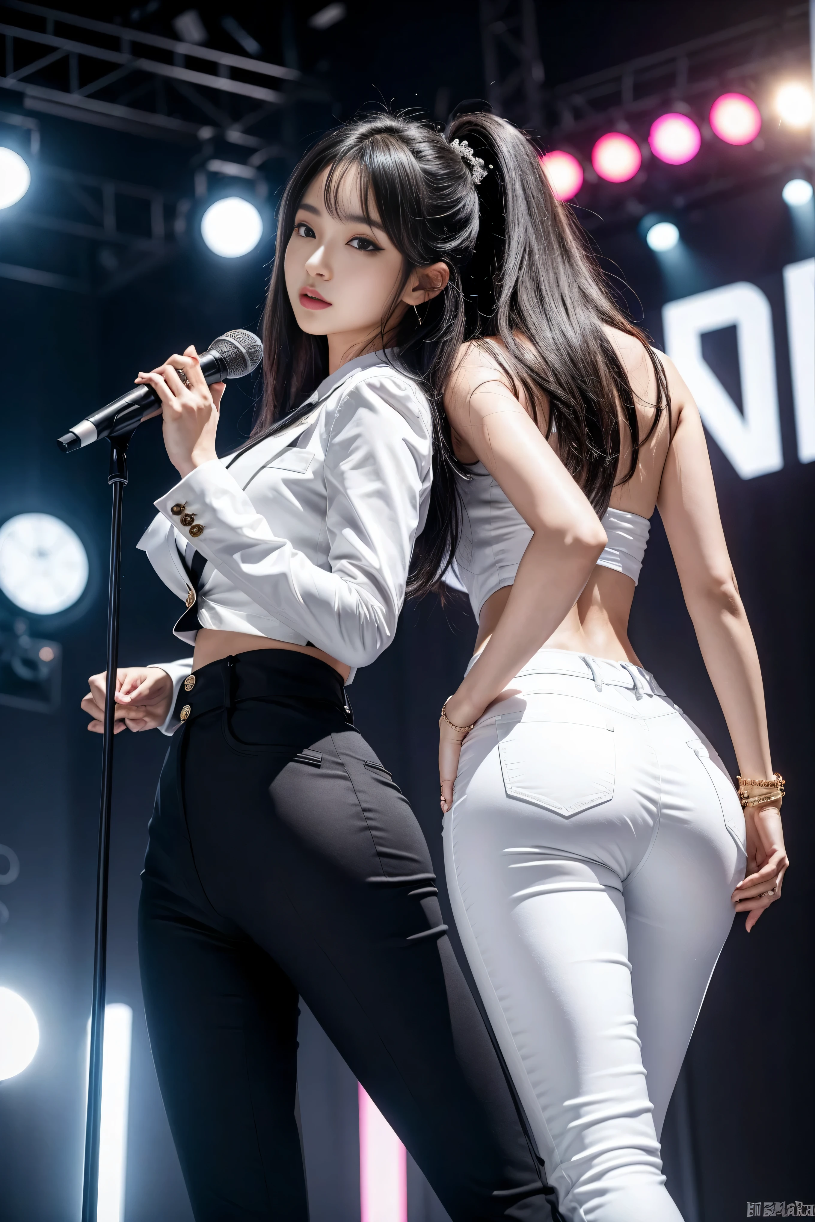 (8k,Highest Quality,masterpiece,practical,Super detailed:1.3),(1 girl,Beautiful Korean girl, Korean pop idol),(Black suit jacket:1.2),(White skinny trousers:1.1),(Serious expression:1.2)discuss,(speech,Handheld Microphone:1.2)(crowd,audience:1.3),Sexy long legs, (Thigh gap:1.5),Wide hips,S-Shaped Body, Hips lifted,,black hair,(Ass Focus:1.1)Shot from behind