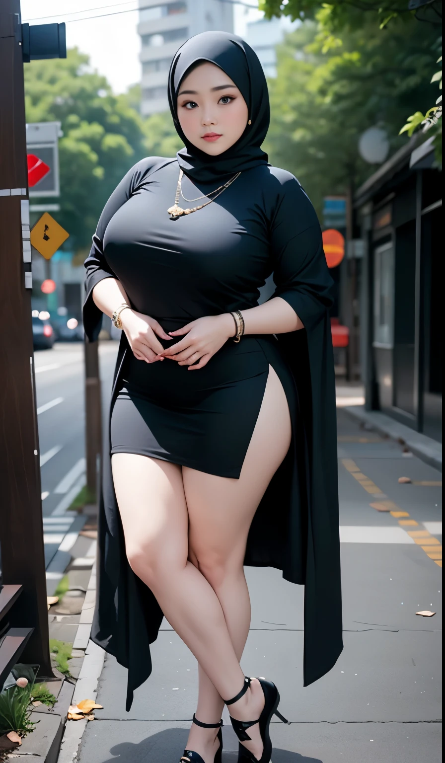 1 malay girl, modern plain hijab, shy, medium portrait, watery eyes, wearing dark green kebaya, ((big breasts)), black bokeh background, well-proportioned body,, chubby massive thighs, full body pose, wearing a necklace , wearing 10 bracelet , wearing a sneaker