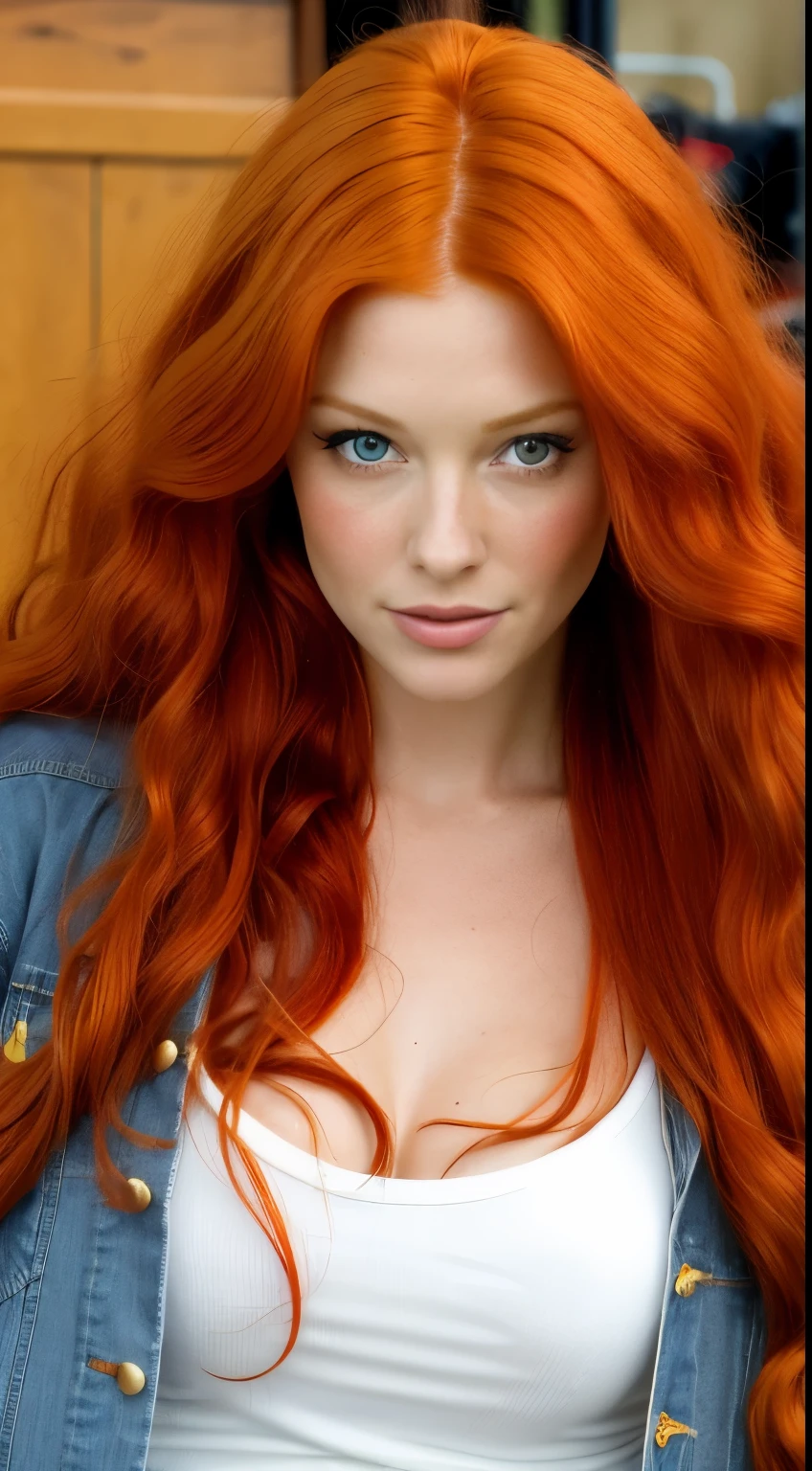 (Rhianna:A.J. Applegate:Catherine Zeta-Jones:0.3) a close up of a woman with short skirt with long red hair wearing a denim jacket, she has long redorange hair, she has long orange brown hair, flowing ginger hair, red hair and attractive features, long glowing red hair, curly copper colored hair, ginger wavy hair, long blonde or red hair, long orange hair, ginger hair, with long red hair, long loose red hair