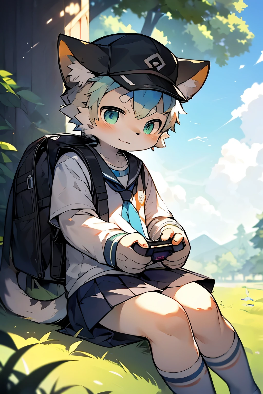 Pokemon sitting on the grass,Wearing a backpack, Concept art by Ryan Yee, pixiv contest winners, furry art, Illustration elf, Being a badass monster hunter, video game fanart, Detailed fanart,human cat, Elf art style,school uniform(Cute white socks),(peaked cap), Lovely and detailed digital art,by Pino Daeni, canyne khai, milkytiger1145,Yupa,