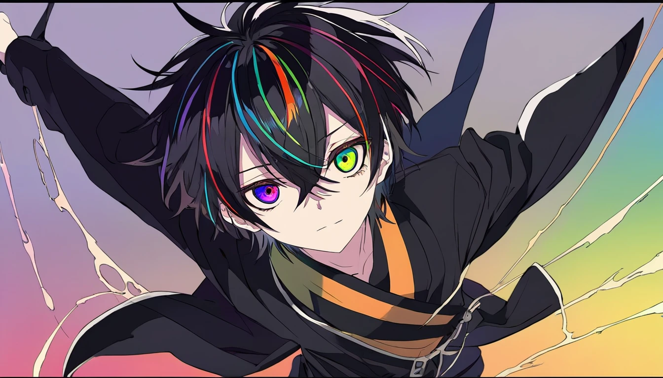 anime, High image quality, delicate details, unbroken face, beautiful face, very good fingerasterpiece), best quality, expressive eyes, perfect face, 1boy, black hair, dark, sickly, low saturation, dark colorful color eyes, dark, rainbow hair, dark rainbow eyes, full body, short hair, dynamic pose, (((BOY)))