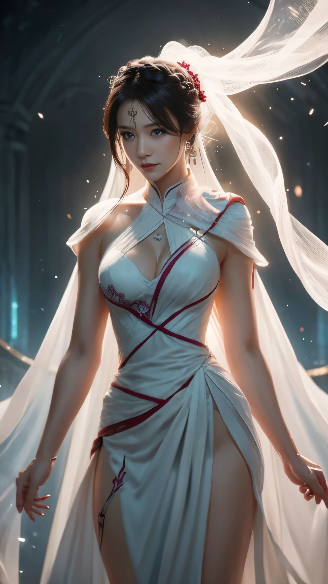a close up of a woman with a sword in a white dress, a character portrait by Yang J, trending on cgsociety, fantasy art, beautiful character painting, artwork in the style of guweiz, guweiz, white hanfu, flowing white robes, full body wuxia, epic exquisite character art, stunning character art, beautiful female assassin