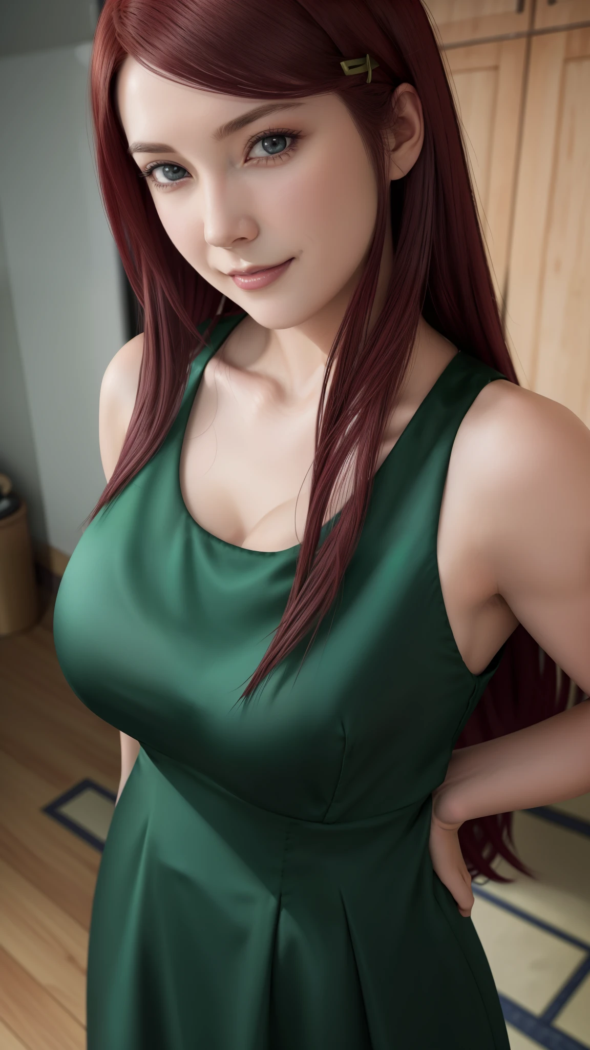 uzumaki_kushina, large_breasts, standing, solo, kushina_green_dress, masterpiece, best quality, detailed face, detailed eyes, highres, smile, (masterpiece:1.4, best quality:1.2), (Highres), (Detailed Illustration), Ultra-Detailed, konohagakure, uzumaki_kushina, kushina_green_dress, standing straight,