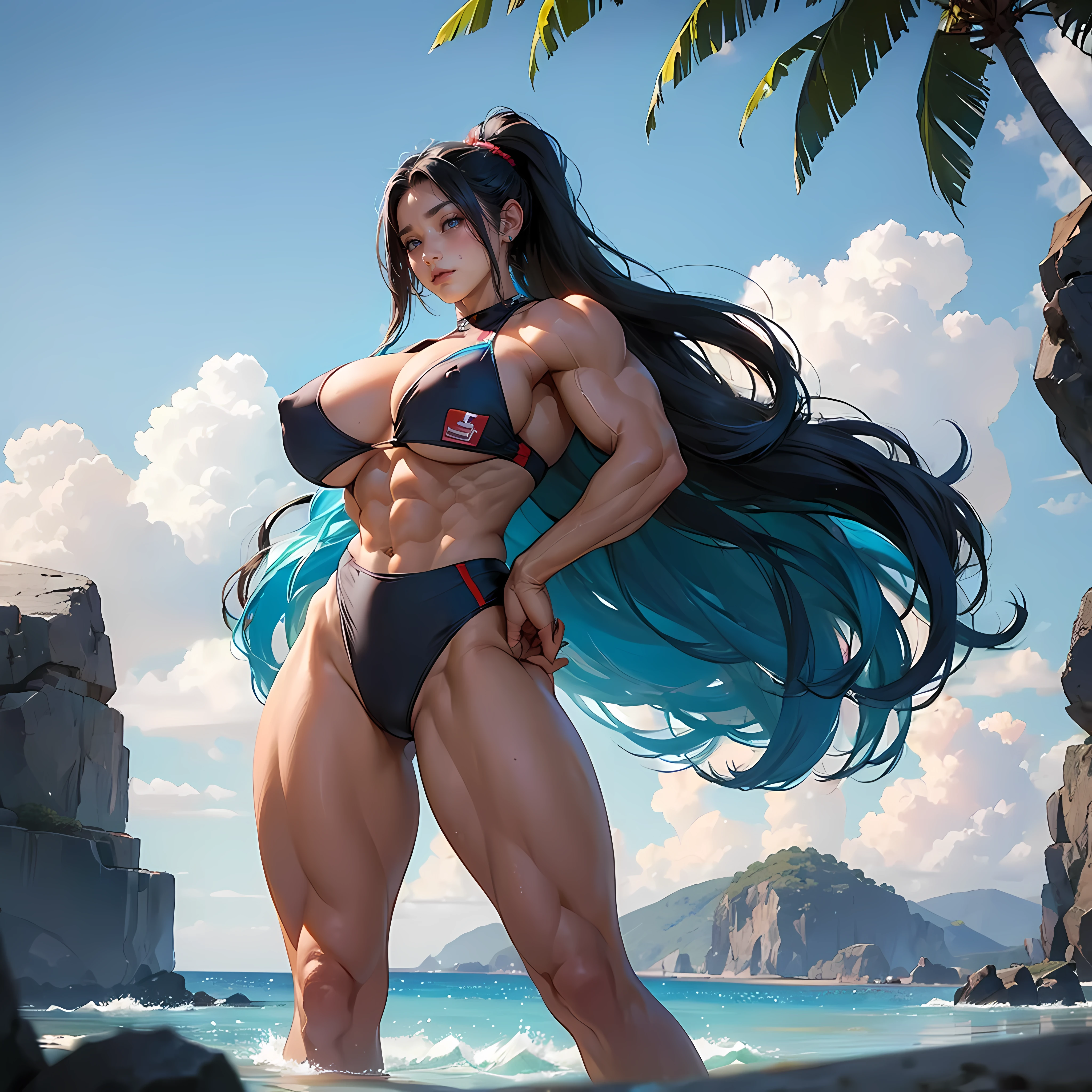 (((((Massive Female Bodybuilder))))), , ,
((((Muscular Quadriceps)))), , ,
((((Huge )))), , ,
1, (NSFW:1.3), 8K、top-quality、An ultra-high picture quality、full bodyesbian、Looking at the camera、Beautuful Women、Long blue hair ponytail、shinny skin、Water running through the skin、wide hips、extremely big ass、shi skin 、Bikini with very little fabric area、See-through nipples、beuched