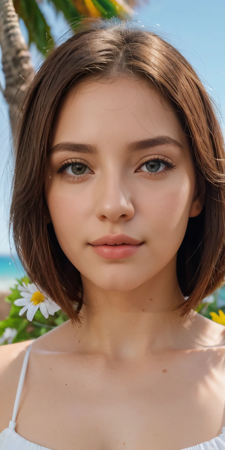 Realista, 1 garota, cabelo branco, olhos roxos, olhos brilhantes, corte superior, saia, parted lips, corar, noite, flores, sol, sollight,