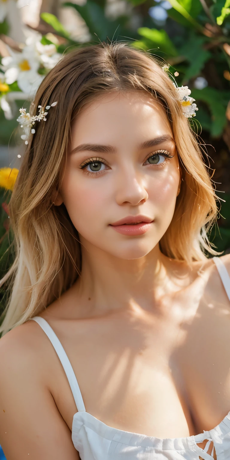 Realista, 1 garota, cabelo branco, olhos roxos, olhos brilhantes, corte superior, saia, parted lips, corar, noite, flores, sol, sollight,