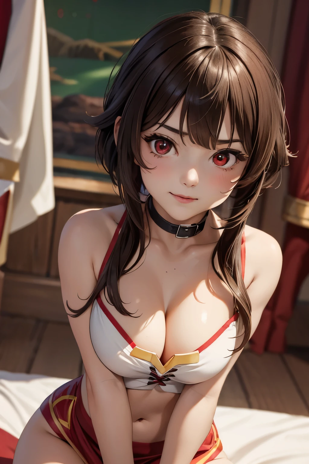 ((ultra quality)), ((Masterpiece)), ((8K)), ((Megumin)), ((brown hair)), (Beautiful face), (), charming, ((curious facial expression)), looks at the camera with a slight smile, eyes closed a little, (Skin color white), (White skin), glare on the body, ((detailed beautiful female eyes)), ((Red eyes)), (beautiful female lips), (dark eyeliner), (beautiful female hands), ((Ideal female figure)), Ideal female body, beautiful waist, beautiful hips, small breasts, (cloth: Megumin costume), ((subtle and beautiful)), sits seductively (), background: fantasy guild of heroes, ((depth of field)), ((high quality clear image)), (clear details), ((High detail)), realistically, ((Clear Focus)), anime.