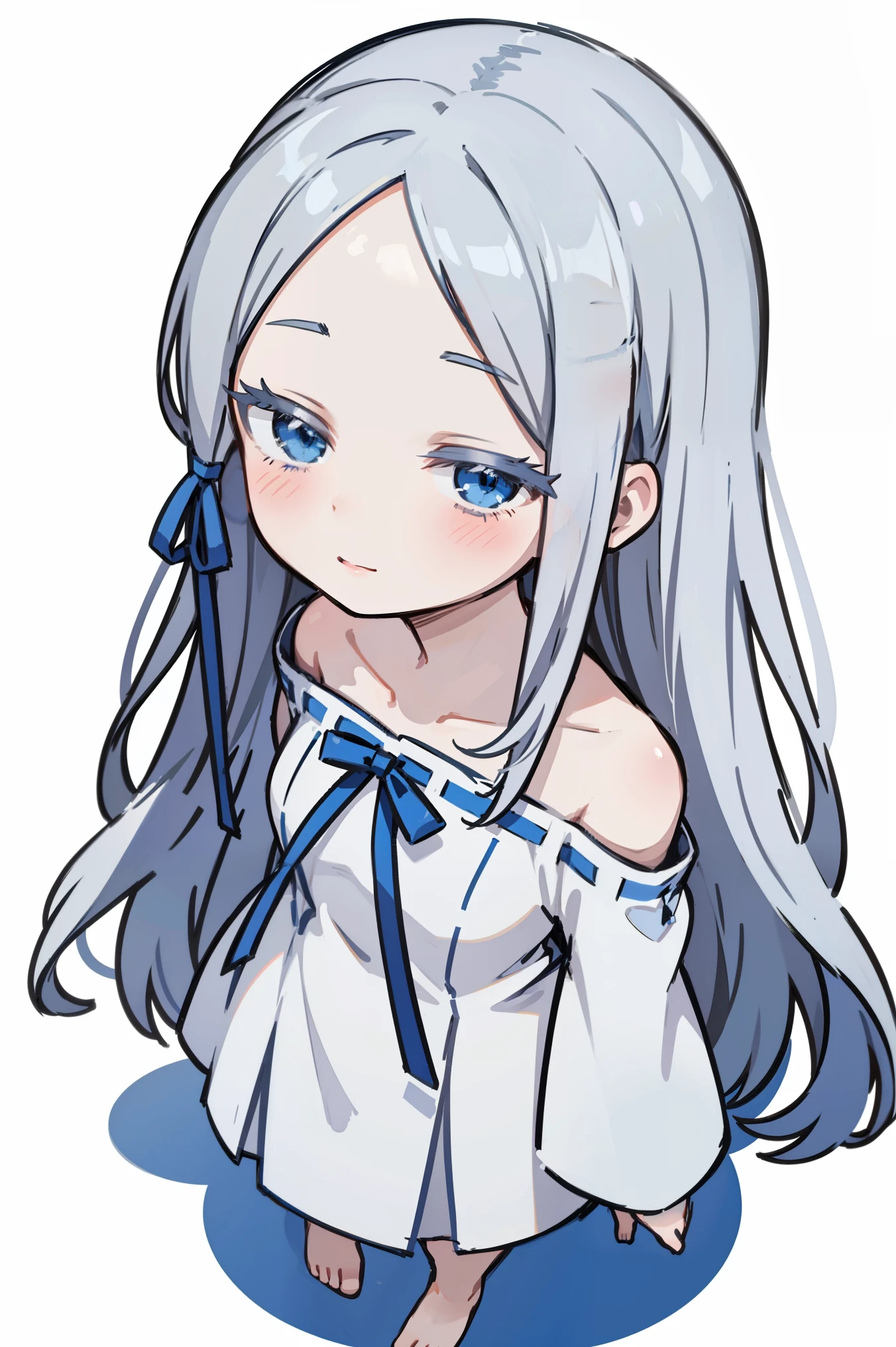 (masterpiece, best quality, ultra high quality, by quan, by mappa, sketch:1.1), ((portrait)), 1girl, solo, pandora, blue eyes, long hair, grey hair, white hair, forehead, blush, bangs, small breasts, parted bangs, barefoot, neutral, innexpressive, small smile, thighs, ((pddf)), dress, ribbon, hair ribbon, white dress, loose dress, blue ribbon, bare shoulders, (arms behind back), upper body, standing, (from above), isometric lightning, white background, simple background