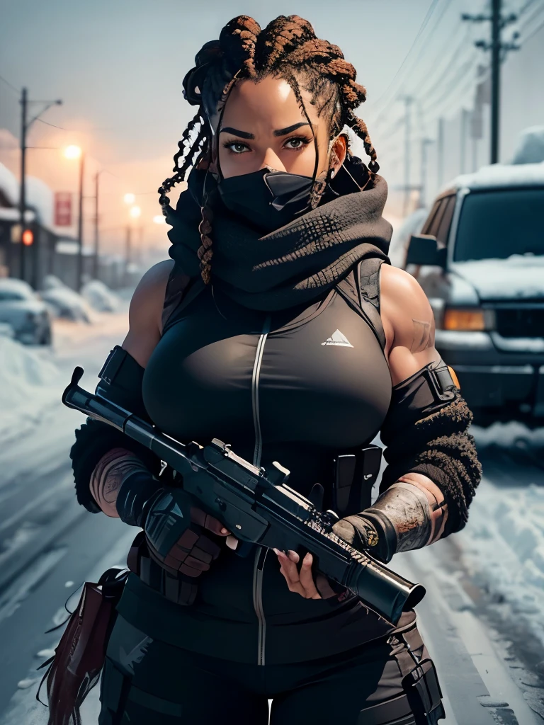 best quality,ultra-detailed,portrait, muscular, Aissa Maiga mixed with sanaa lathan holding oversize shotgun, aiming to the side, big woman, 200 lbs, muscular arms and thighs, wide hips, woolly braided hair, bantu braids, very dark skin, beautiful detailed hazel eyes, beautiful full lips, beautiful face, detailed long woolly braided hair, bantu braids, blood soaked hoodie with scarf, balaclava under neck, tactical vest, black tactical pants, mercinary, dynamic action, aiming and shooting shotgun, intense, cold, snowy atmosphere, blizzard, deep snow, blood in the snow, desolate landscape, freezing, icy, snowy, breezy winter night, night time, blizzard, icy road, bare trees, burning vehicles, angry expression, sharp focus on the old rusty shotgun, metallic texture, crisp, high contrast, cool color tones, dramatic lighting