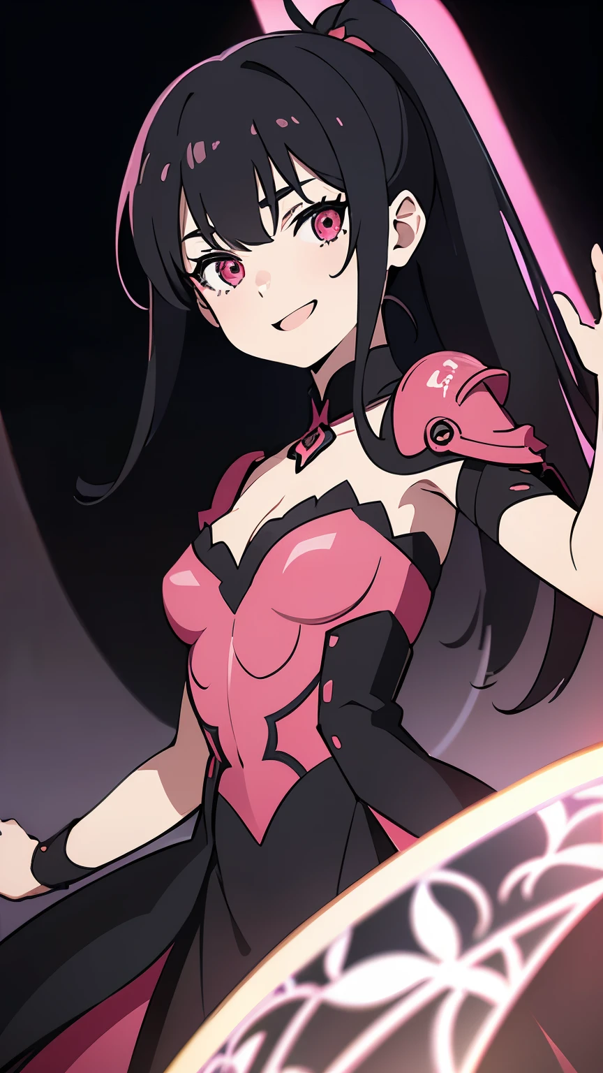 1girl, fairy girl, small, fairy wings, ((glowing pink fairy wings)), (fairy wings), Black hair color, ponytail hairstyles, short ponytail, red eye color, wearing leather armor, silver shoulder pads, black clothes,(glowing eyes), high resolution, extremely detailed CG unity 8k wallpaper, ((masterpiece)), ((top-quality)), (beautiful illustration), ((an extremely delicate and beautiful)), (masterpiece, Best quality, ultra high resolution), 1 girl, pale skin, Black Crown, red eyes, Luminous_eyes, neon red eyes, ultra detailed eyes, Beautiful and detailed face, detailed eyes, (Centered, torso), (wide shot:0.9), facing the viewer, Eye level, (floating hair), character focus, ((black light)), ((dark lighting)), cinematic lighting ,(darkness), (concept art), ((energetic face)), wide open smile, waving excitedly