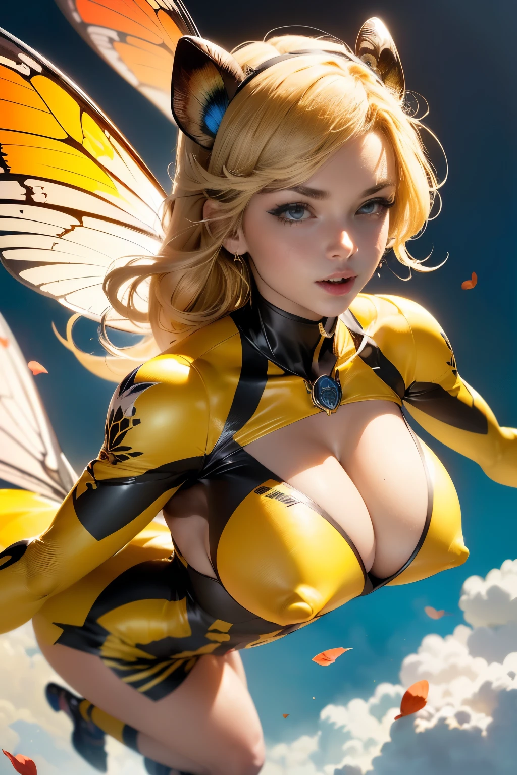 an illustration ( (An exquisitely detailed dynamic image of an amazing insectoid girl flying, chica abeja reina), adornada con un notable cuerpo de avispa amarilla, Traje de enchufe brillante, Alas de avispa, Alas de abeja, yellow jacket, senos grandes y redondos, escote, ((cuerpo completo, tiro de vaquero)), Volador, cute girl's face, CGSoation Trends, petalos de rosas rojas volando, petalos callendo en el aire ), dynamic action, core of intelligence, shading, faster, colorful and intense, very intricate details,