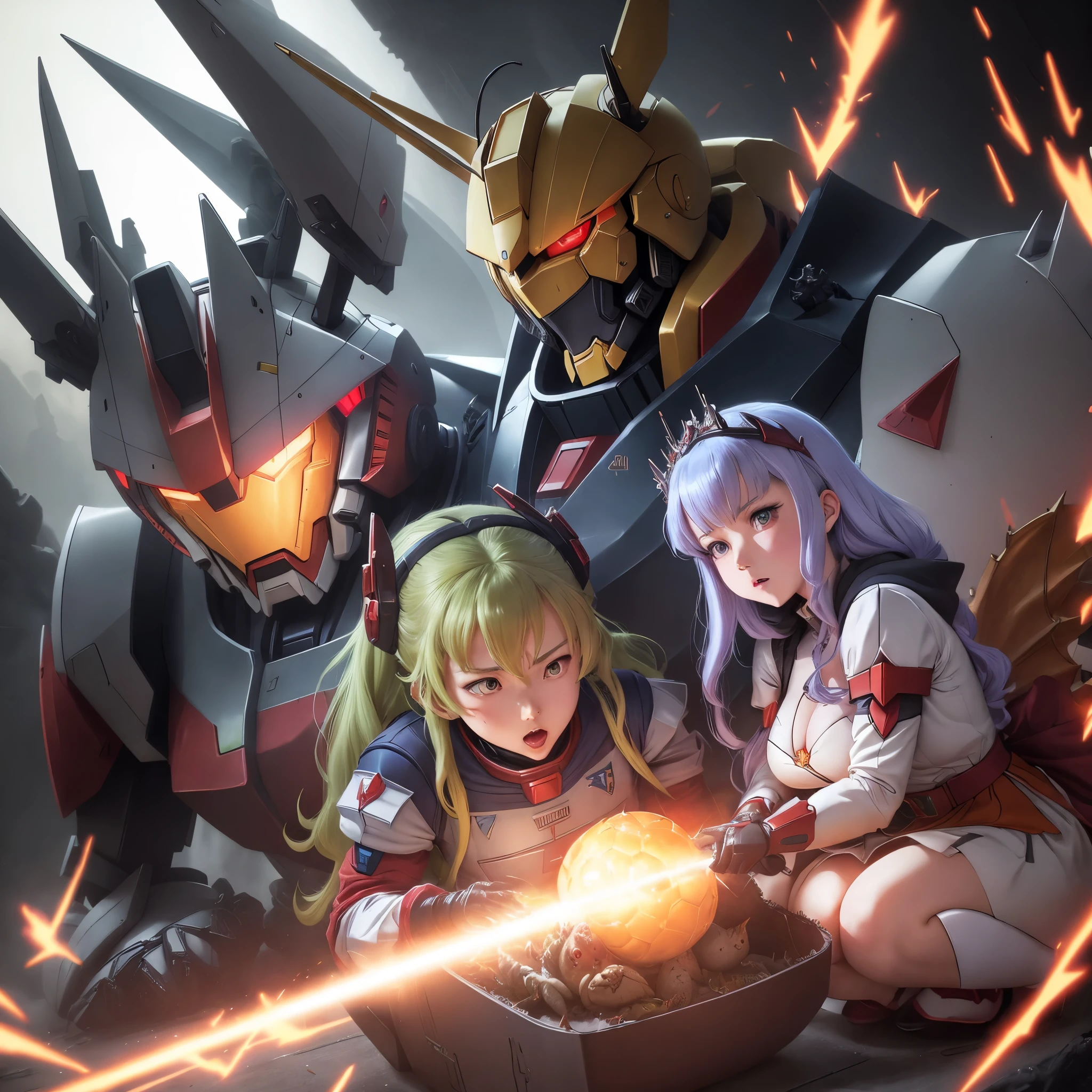 A Gundam style robot is rescuing a dragon from an evil princess. 'Curses, foiled again!'
