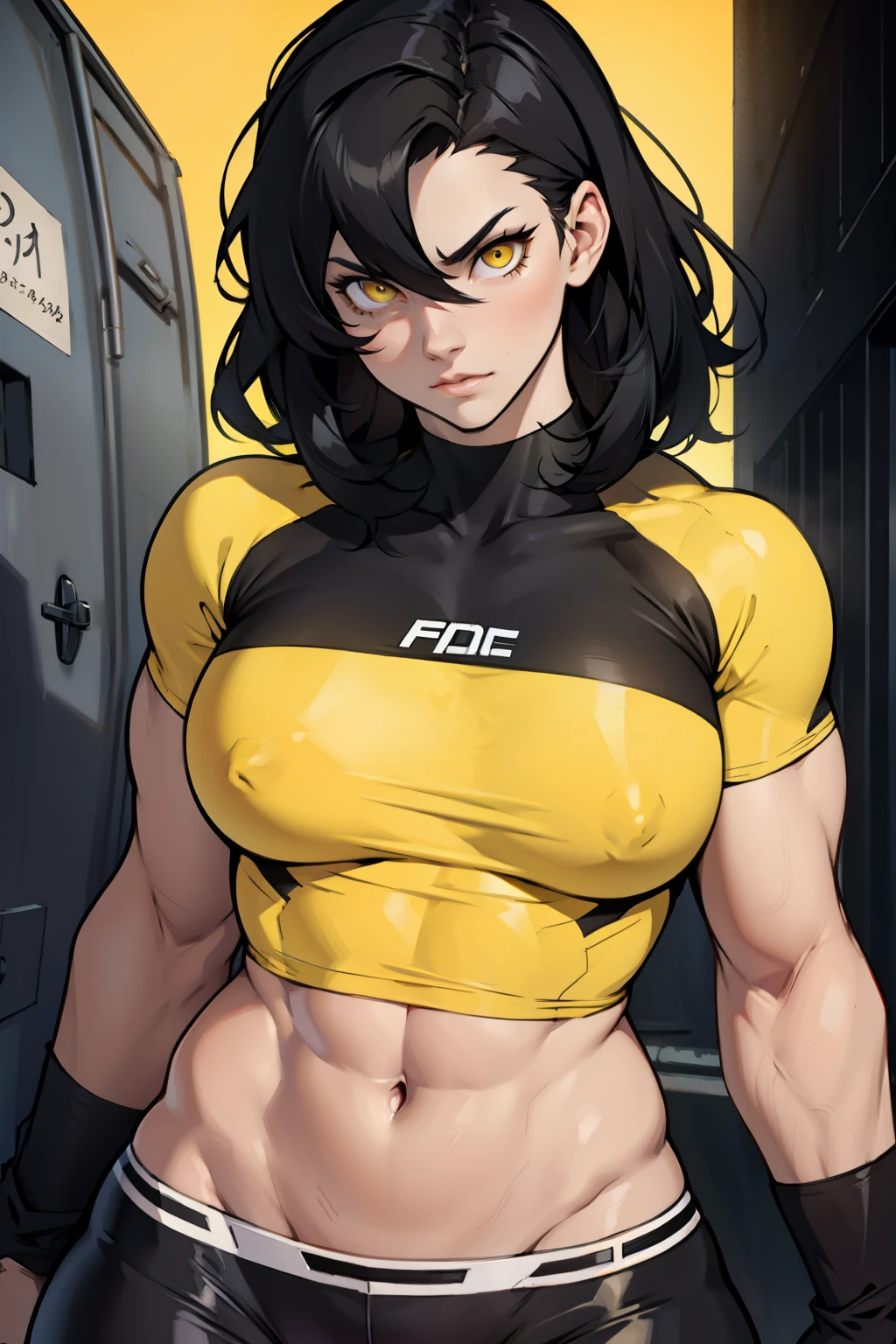 breasts muscular black hair yellow eyes pale skin tight shirt female