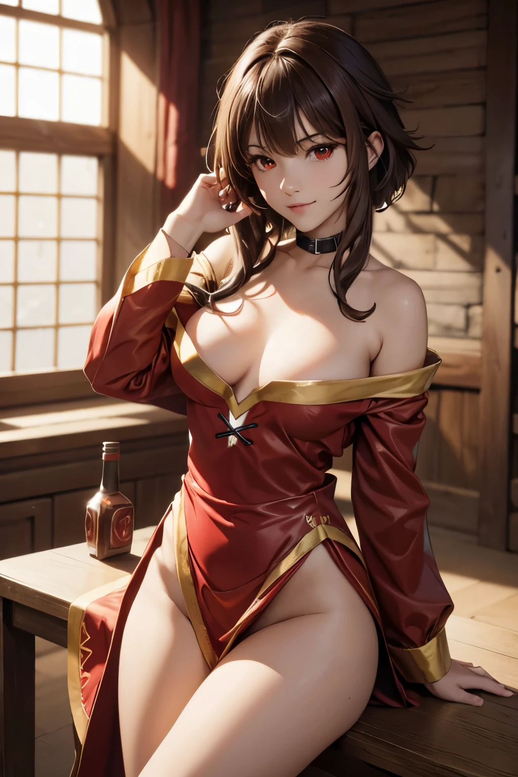 ((ultra quality)), ((Masterpiece)), ((8K)), ((Megumin)), ((brown hair)), (Beautiful face), (), charming, ((curious facial expression)), looks at the camera with a slight smile, eyes closed a little, (Skin color white), (White skin), glare on the body, ((detailed beautiful female eyes)), ((Red eyes)), (beautiful female lips), (dark eyeliner), (beautiful female hands), ((Ideal female figure)), Ideal female body, beautiful waist, beautiful hips, small breasts, (cloth: Megumin costume), ((subtle and beautiful)), sits seductively (), background: fantasy guild of heroes, ((depth of field)), ((high quality clear image)), (clear details), ((High detail)), realistically, ((Clear Focus)), anime.