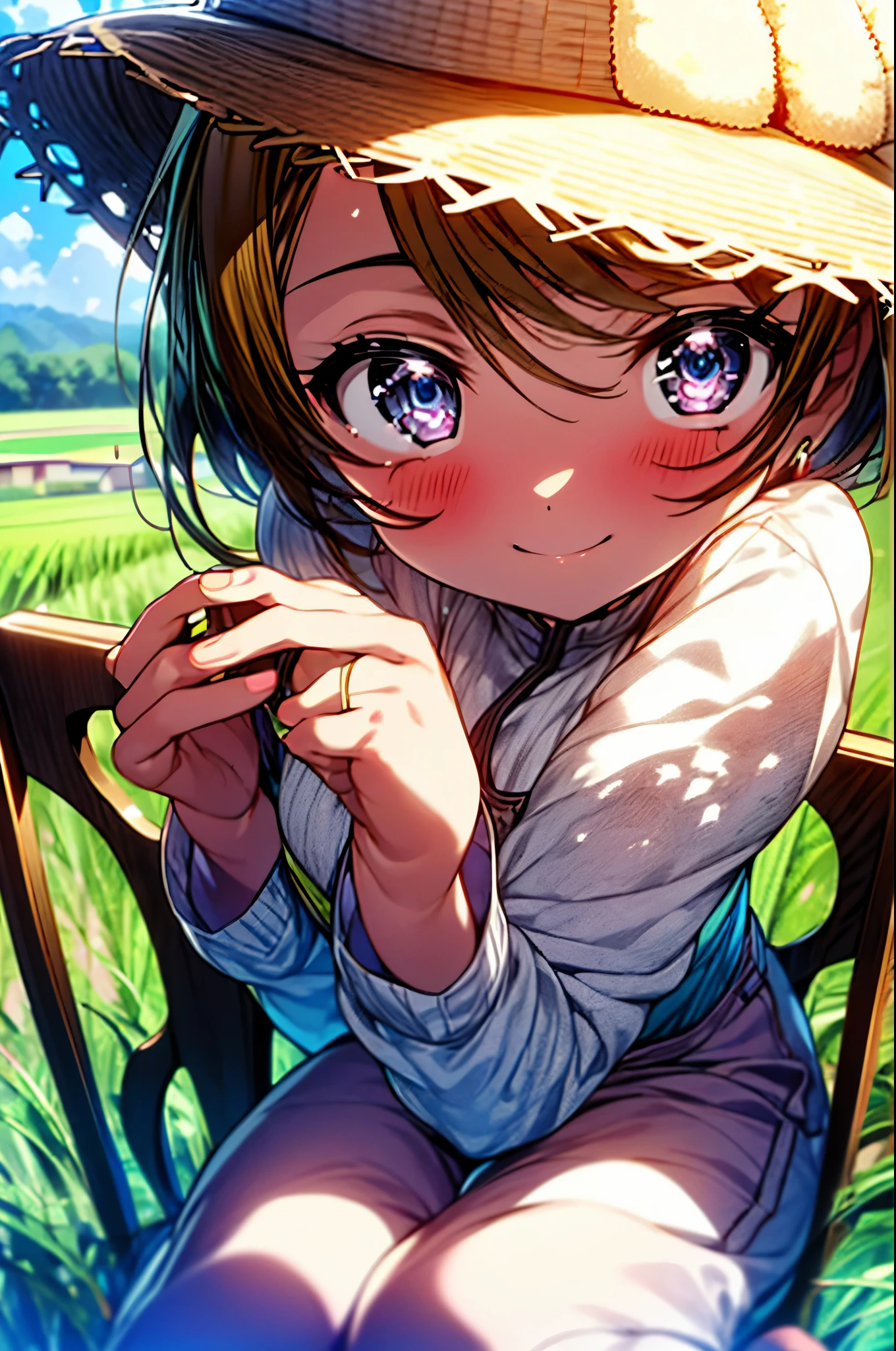 (((pixel perfect, Perfect in every detail))), alone, 1 girl, Hanayo Koizumi, brown hair,short hair,purple eyes,looking at the viewer, smile,straw hat、big breasts,sitting in a chair,Eating rice balls with both hands,concealment of work overalls,rice planting boots,Paddy field,Sunny,countryside,(masterpiece:1.2), highest quality, High resolution, unity 8k wallpaper, (shape:0.8), (beautiful and detailed eyes:1.6), highly detailed face, perfect lighting, Very detailed CG, (perfect hands, perfect anatomy),