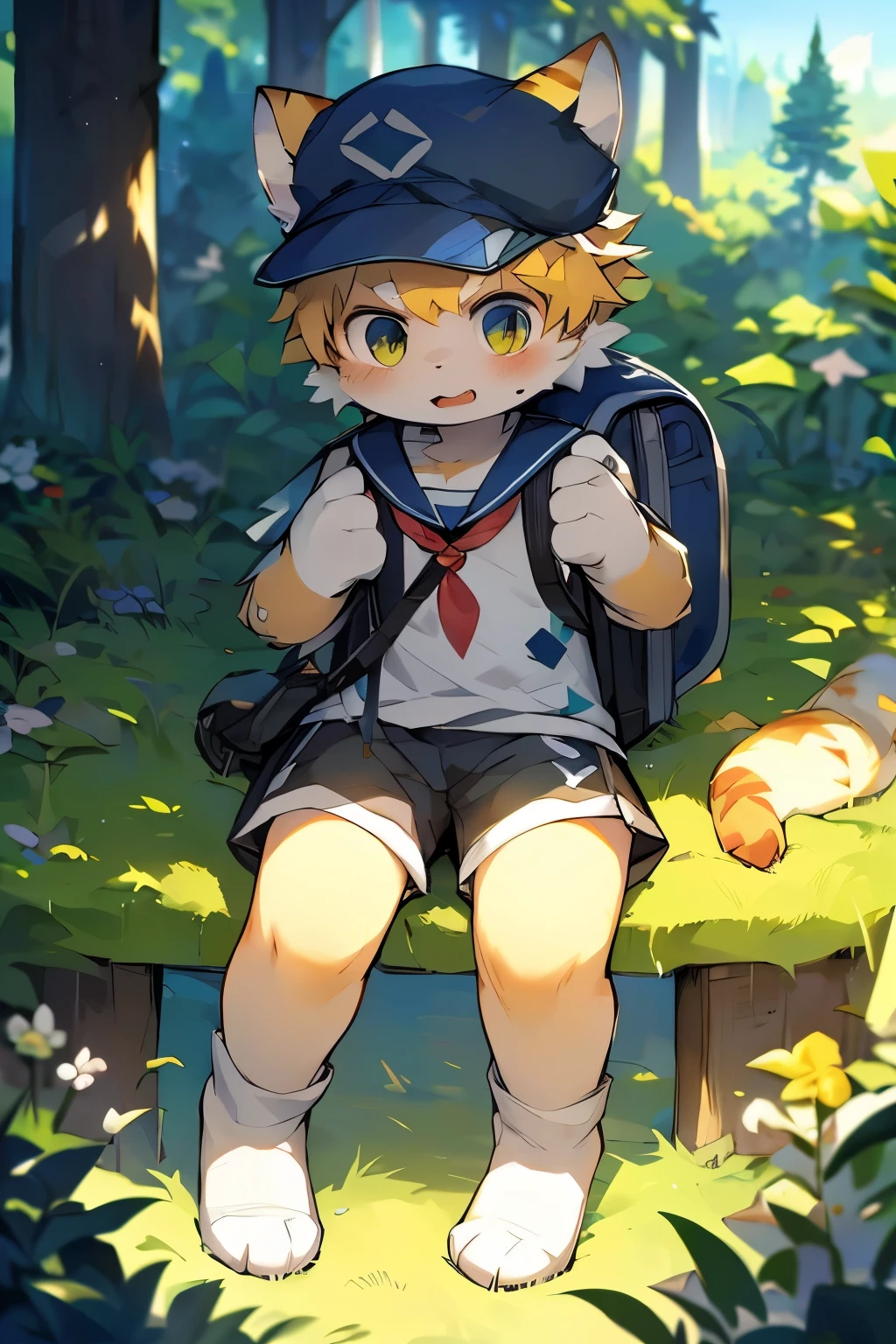Pokemon sitting on the grass,Wearing a backpack, Concept art by Ryan Yee, pixiv contest winners, furry art, Illustration elf, Being a badass monster hunter, video game fanart, Detailed fanart,human cat, Elf art style,school uniform(Cute white socks),(peaked cap), Lovely and detailed digital art,by Pino Daeni, canyne khai, milkytiger1145,Yupa,