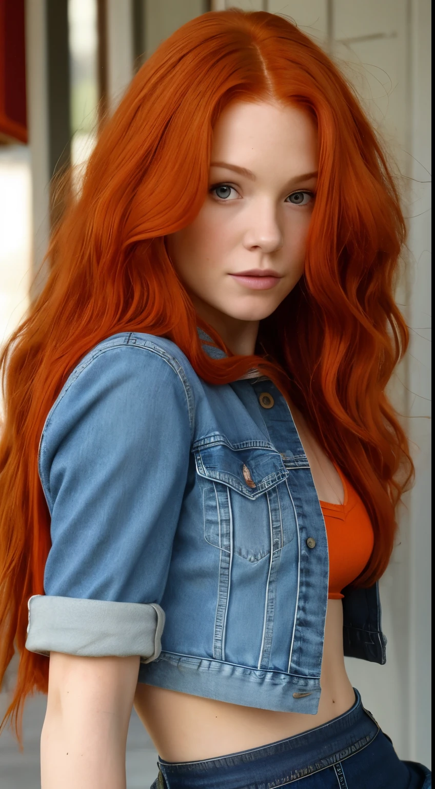 (Rhianna:A.J. Applegate:Catherine Zeta-Jones:0.3) a close up of a woman with short skirt with long red hair wearing a denim jacket, she has long redorange hair, she has long orange brown hair, flowing ginger hair, red hair and attractive features, long glowing red hair, curly copper colored hair, ginger wavy hair, long blonde or red hair, long orange hair, ginger hair, with long red hair, long loose red hair