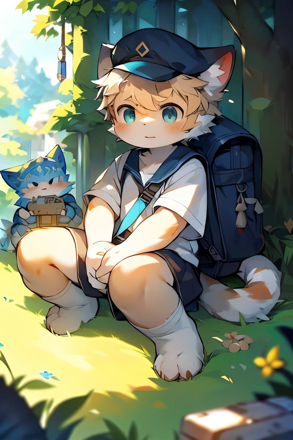 Pokemon sitting on the grass，Wearing a backpack, Concept art by Ryan Yee, pixiv contest winners, furry art, Illustration elf, Being a badass monster hunter, video game fanart, Detailed fanart,human cat, Elf art style，school uniform（Cute white socks），（peaked cap）, Lovely and detailed digital art，by Pino Daeni, canyne khai, milkytiger1145,Yupa，
