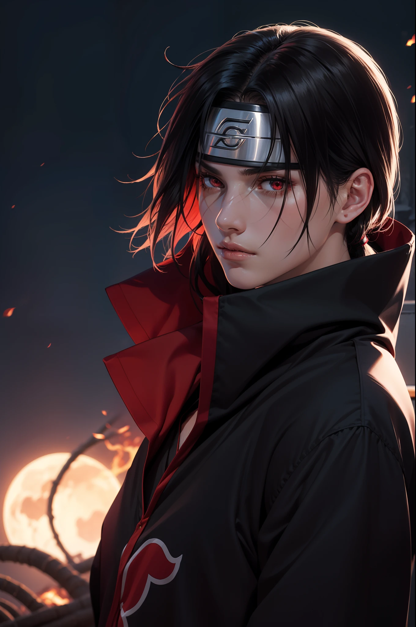 Masterpiece, high detailed, a young man covered in black cape with red cloud drawing or akatsuki robe from naruto, itachi uchiha, red eyes, upper body, shinobi, Konoha headband, red moon in the background, red theme, from naruto, long hair, covered in red flame