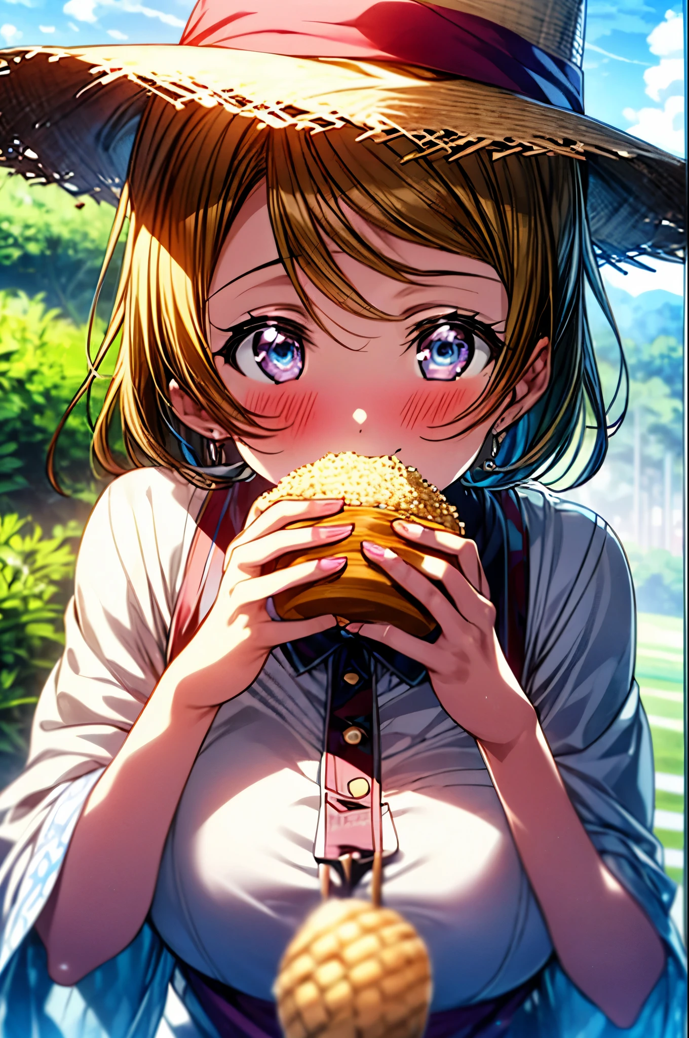 (((pixel perfect, Perfect in every detail))), alone, 1 girl, Hanayo Koizumi, brown hair,short hair,purple eyes,looking at the viewer, smile,straw hat、big breasts,sitting in a chair,Eating rice balls with both hands,concealment of work　overalls,rice planting boots,Paddy field,Sunny,countryside,(masterpiece:1.2), highest quality, High resolution, unity 8k wallpaper, (shape:0.8), (beautiful and detailed eyes:1.6), highly detailed face, perfect lighting, Very detailed CG, (perfect hands, perfect anatomy),