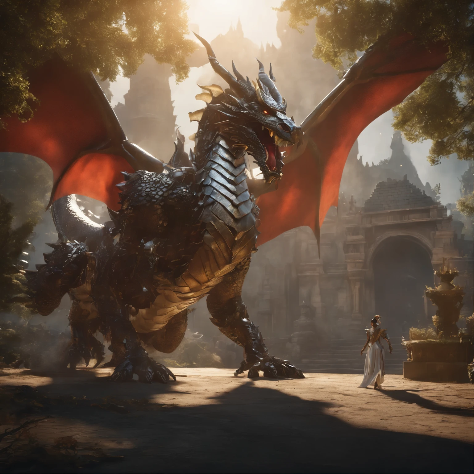 best quality,4k,highres,masterpiece:1.2,ultra-detailed,realistic:A Gundam style robot,rescuing a dragon,evil princess,detailed robot design,detailed dragon scales,vibrant color scheme,action-packed scene,majestic dragon wings,heroic robot stance,robot armor shining in the sunlight,princess with a wicked smile,robot lifting dragon with ease,perfectly flowing dragon fire,battle in a lush forest,mysterious robotic technology,princess with intricate gown flowing in the wind,surrounding trees filled with life,emerging sunlight through the trees,dragon with fierce expression,robot with powerful laser beams,evil princess casting dark magic,dragon released from captivity,robot with glowing LED eyes,dragon scales sparkling,princess surrounded by a dark aura,long robotic arms with precise movements,dragon tail whipping through the air,robot with Gundam signature weapons,giant robotic feet creating earth-shattering impacts,detailed princess tiara shining,dramatic shadows and lighting effects,robot saving the day with determination,princess with a crown adorned with gems,dragon with majestic horns and spines,robot with jet thrusters propelling it forward,vivid colors highlighting the scene,magical sparkles surrounding the princess and the dragon,robot smashing through obstacles with ease,detailed robot cockpit showcasing advanced technology,dragon breathing fire in defiance,princess casting spells with gestures,robot's metallic armor reflecting its surroundings,dragon's scales with intricate patterns,detailed portrayal of emotions on the characters' faces,princess with flowing hair and a wicked grin,robotic fingers delicately carrying the dragon,princess's evil castle in the background,dragon with graceful movements,robot with imposing presence.