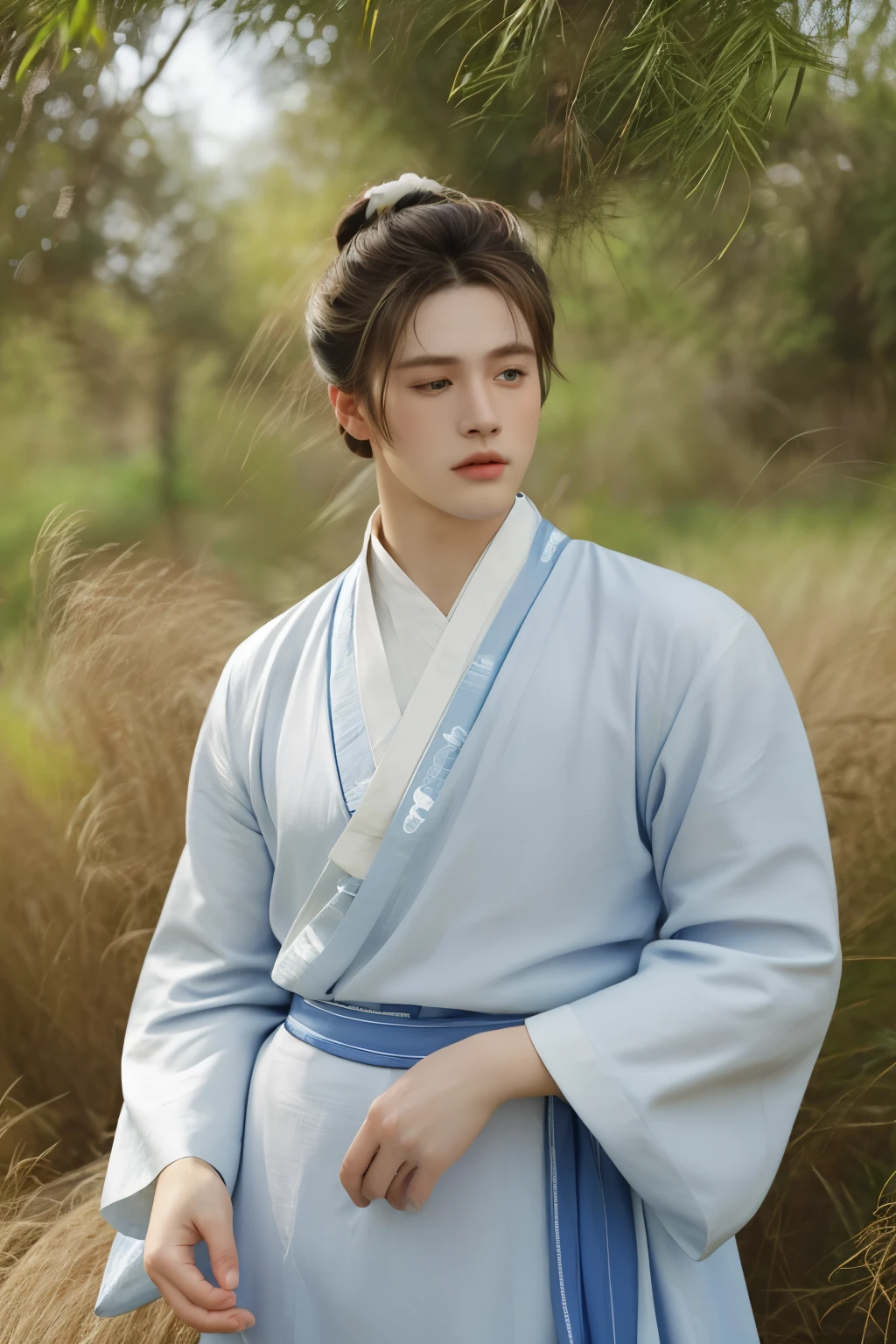 1 handsome guy，Eyes slightly closed，half sideways，bun，blue and white clothes，Chinese style clothing and hair accessories，perfect facial features，The sun&#39;s rays are strong，classical，Screen to waist，Antique photo，classical背景，Alone，warrior，very handsome man