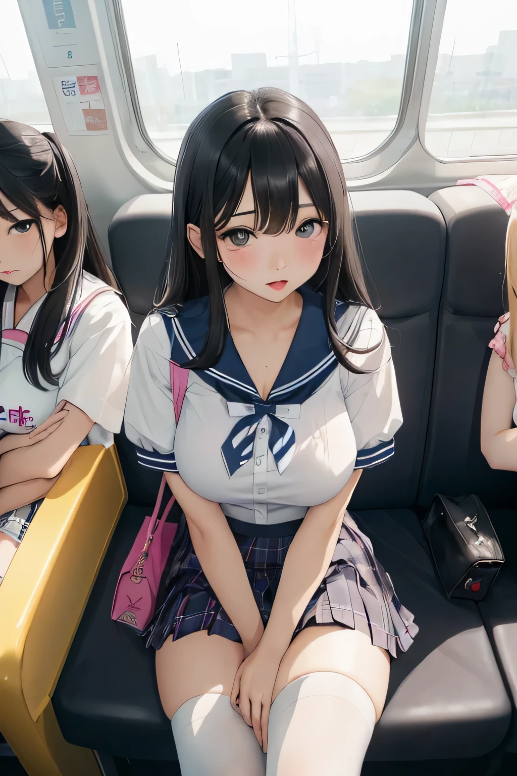 highest quality、High resolution、detailed background、beautiful and detailed face、beautiful and smooth skin、skin texture、
sit on the train、Beautiful teenage girl、(huge breasts:1.3)、(two beautiful girls:1.5)、cute黒髪の編み込みヘアースタイル、
cute色のセーラー服、white sailor collar、Pleated mini skirt with tartan plaid pattern、white knee high socks、white overknee socks、cuteピンクの花柄刺繍パンティー、cuteピンクの花柄刺繍ブラジャー、underboob、emphasize the chest、emphasize cleavage、((She flips up her skirt to show her panties))、look at me with cold eyes、sexual expression、panty shot、camel toe、cute