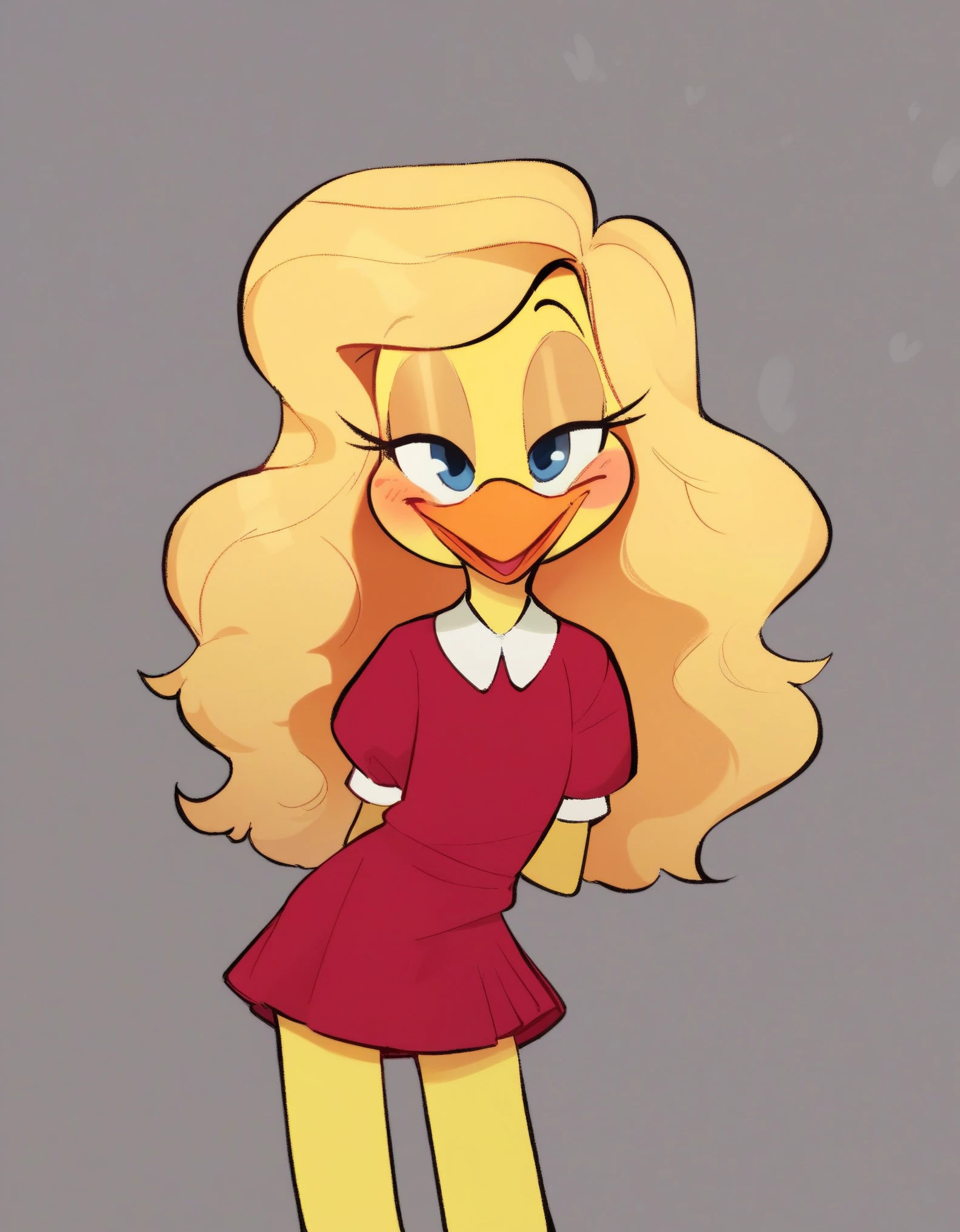 score_9, score_8_up, score_7_up, score_6_up, rating_Explicit, (by kyurisawa:1.2) (by chelodoy:1) (by ashraely:1) BREAK,, melissa Duck, (blond hair), (wavy hair), (blue eyes), (narrowed eyes), (happy), (Red dress, clothing), (standing), (yellow skin), (solo:), (orange beak), skirt,