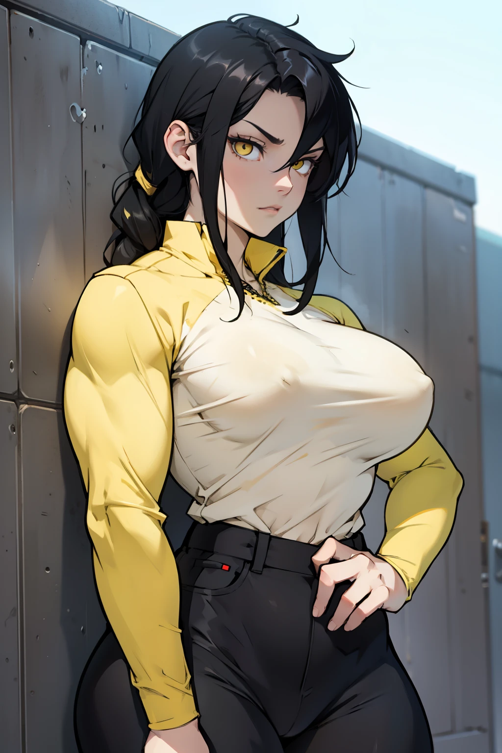 breasts muscular black hair yellow eyes pale skin tight shirt female thick expressionless