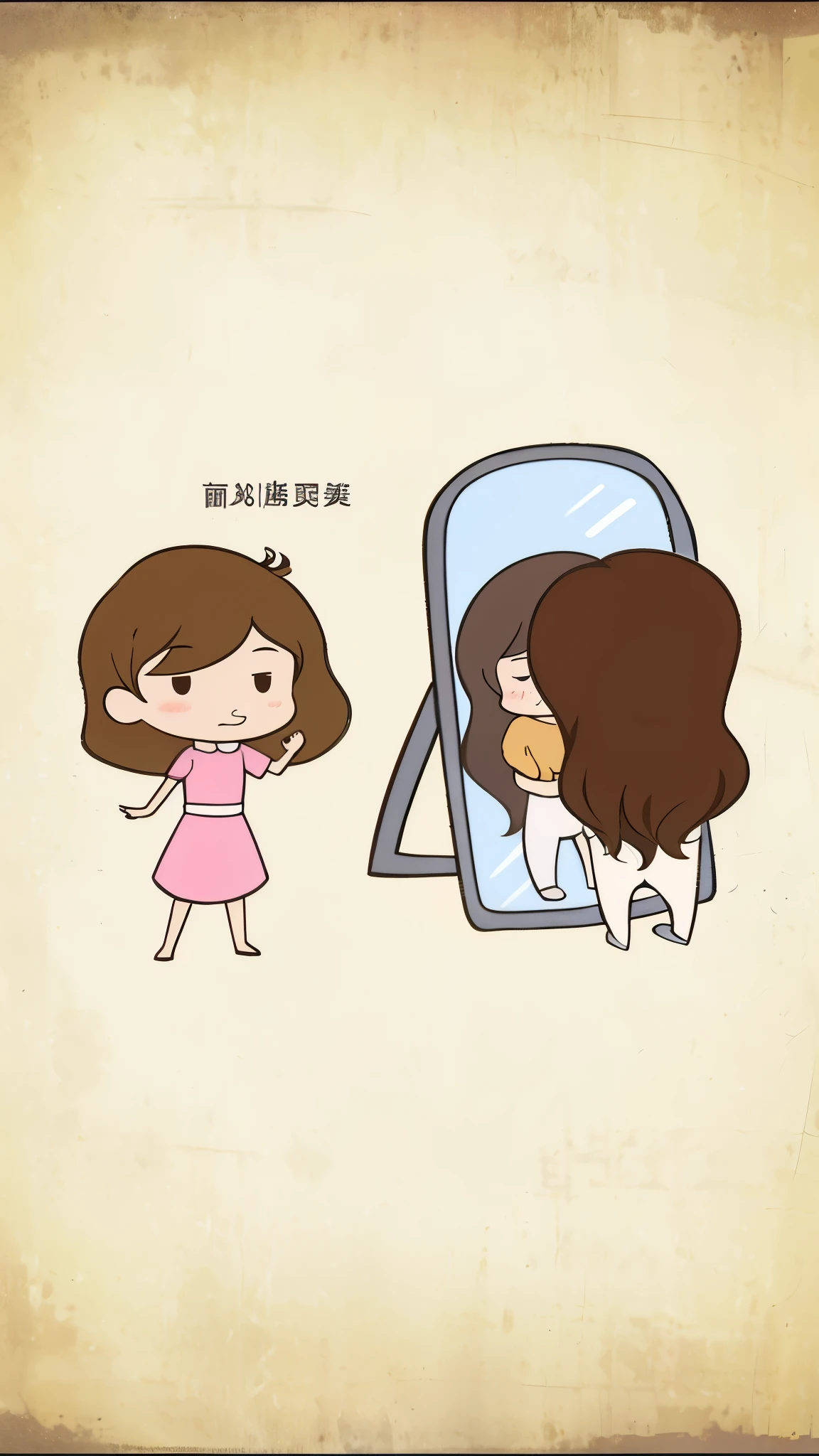 Cartoon girl looking at herself in the mirror，see myself, With mirror, stand in front of mirror, medium long hair, long hair, cute cartoon, cute cartoon, Long-haired girl, hair longer, mirror image, look in the mirror, look in the mirror, by Qu Leilei, look in the mirror, cute illustration, by Mei Qing