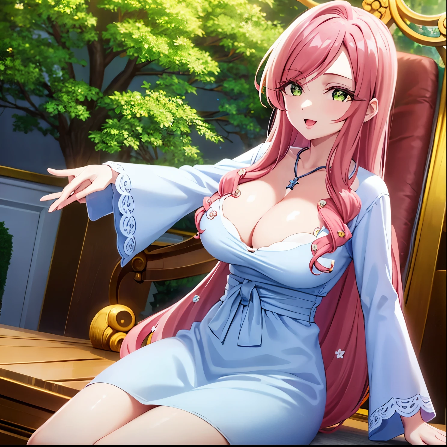 1girl, alone, hahari hanazono, long hair, bangs, (green eyes:1.2), pink hair, flower, hair flower, smile, dress, cleavage, jewelry, necklace, white dress, indoors, bed, looking at viewer, (masterpiece:1.2), best quality, high resolution, unity 8k wallpaper, (illustration:0.8), (beautiful detailed eyes:1.6), extremely detailed face, perfect lighting, extremely detailed CG, (perfect hands, perfect anatomy),cleavage, big breasts, medium waist, wide hips, wide thighs, long pink hair, green eyes, seductive, smiling, open mouth