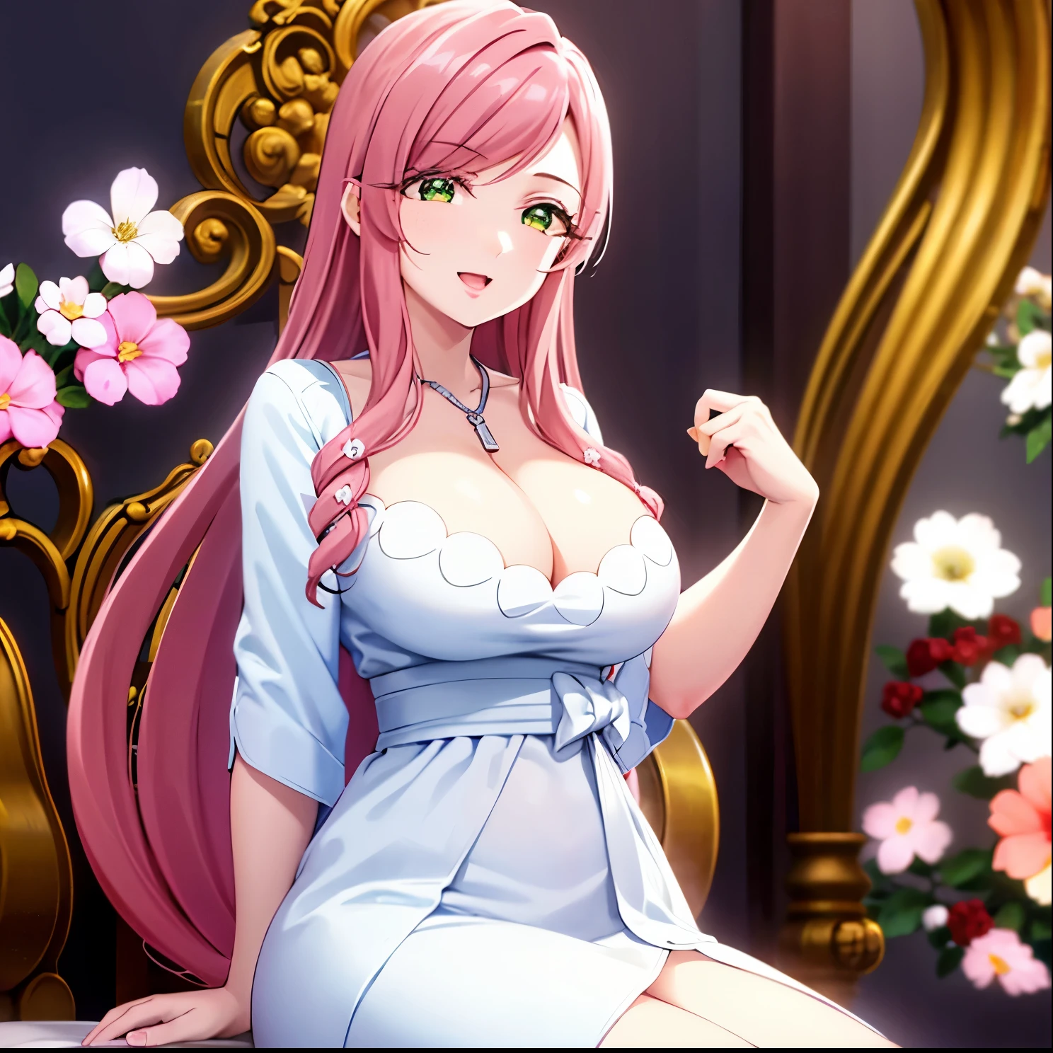 1girl, alone, hahari hanazono, long hair, bangs, (green eyes:1.2), pink hair, flower, hair flower, smile, dress, cleavage, jewelry, necklace, white dress, indoors, bed, looking at viewer, (masterpiece:1.2), best quality, high resolution, unity 8k wallpaper, (illustration:0.8), (beautiful detailed eyes:1.6), extremely detailed face, perfect lighting, extremely detailed CG, (perfect hands, perfect anatomy),cleavage, big breasts, medium waist, wide hips, wide thighs, long pink hair, green eyes, seductive, smiling, open mouth