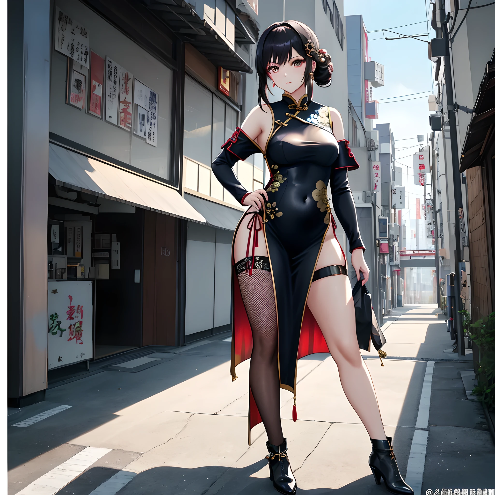 masterpiece,best quality,ultra detailed,high resolution,8k,cinematic lighting,super detailed skin,highly detailed background,elaborately designed clothes,japanese,cute,kawaii,smaller face, teenage,small breasts,In a neon-lit, futuristic Tokyo setting, a young Japanese woman emerges as the central figure, embodying both elegance and strength. She wears a tight-fitting, traditional Chinese dress (cheongsam) that adapts remarkably to her full figure, highlighting her curves with impeccable precision. The dress, while maintaining its classic essence, has been modernized for the narrative with a high-tech twist, featuring thigh-high slits on both sides, ensuring both mobility and allure. The fabric of the cheongsam gleams with an almost metallic sheen, suggesting advanced materials, and is complemented by intricate, embedded threads that shimmer subtly, hinting at hidden functionalities.

She pairs her attire with sleek, black fishnet tights, adding a touch of edgy sophistication to her overall look. Her footwear, though not described, can be imagined as equally futuristic, perhaps boots or heels with a design that merges tradition with high technology.

Her appearance strikes a balance between beauty and power, with her ample bosom tastefully accentuated by the cheongsam's design, revealing just enough to draw attention without detracting from her formidable presence. Her face, framed by her elegant hairdo, reflects determination and youth, with features that are distinctly Japanese, embodying the anime's aesthetic ideals.

This character does not merely navigate the streets of future Tokyo; she owns them. Her stance and the way she carries herself suggest a background in martial arts or some form of advanced combat, fitting for the cybernetic metropolis she calls home. She is a visual representation of the anime's fusion of traditional and futuristic elements, serving as a bridge between the past and an imagined future, where cultures blend seamlessly with technology.