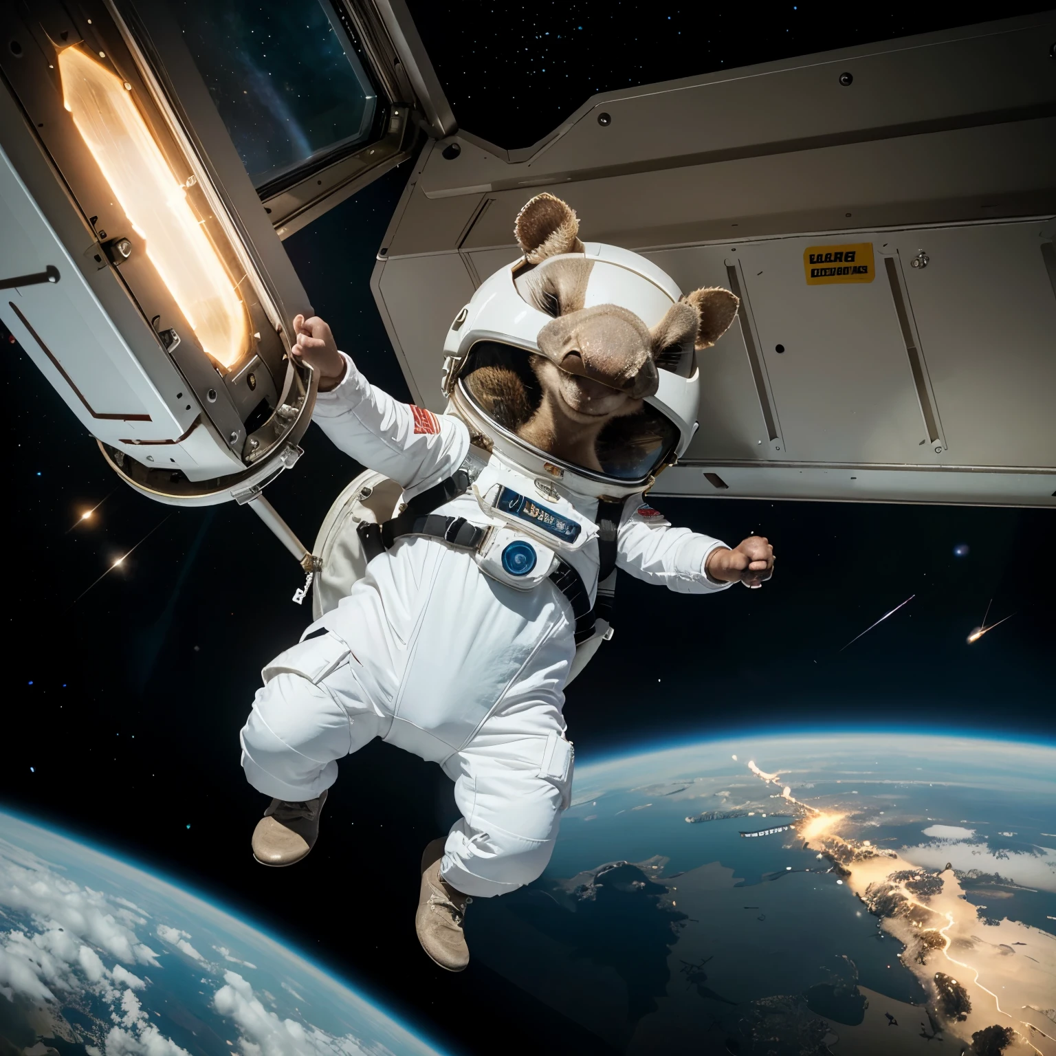 A super cute armadillo, like a Looney Tunes carácter, wearing a hightech astronaut suit in space. Animation style.