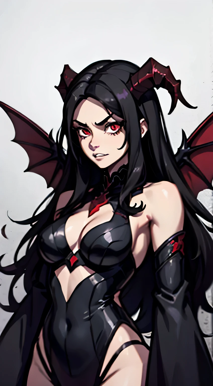 beautiful demon woman with long black hair, sharp teeth, furious, battle, glowing red eyes, bat wings on back, ram horns, angry, fight, fireball, hazbin hotel