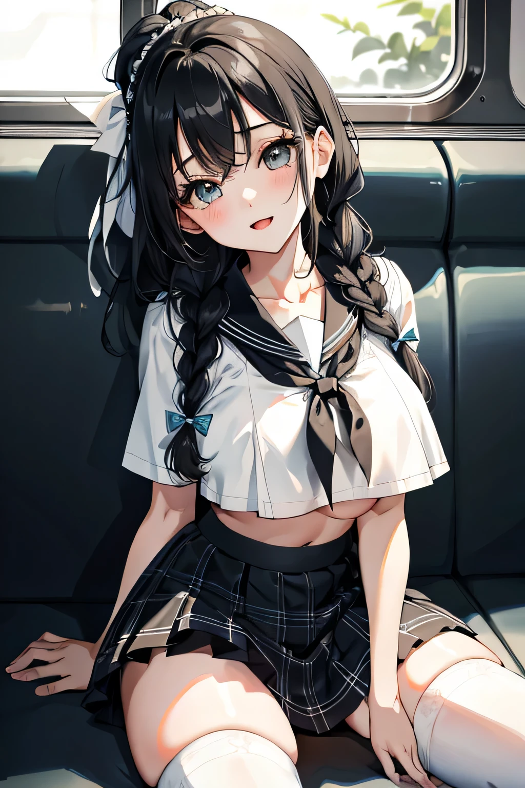 highest quality、High resolution、detailed background、beautiful and detailed face、beautiful and smooth skin、skin texture、
sit on the train、Beautiful age girl、(huge breasts:1.2)、two beautiful girls、black hair braided ponytail、
cute色のセーラー服、white sailor collar、Pleated mini skirt with tartan plaid pattern、white knee high socks、white overknee socks、cute花柄パンティー、floral good、underboob、emphasize the chest、emphasize cleavage、She flips up her skirt to show her panties、laughter、sexual expression、panty shot、camel toe、cute