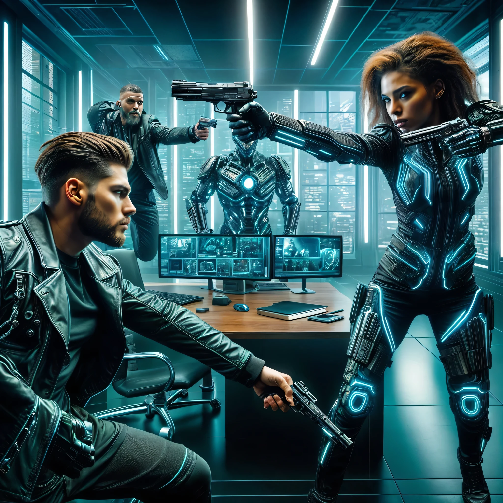 there are two people in a sci - fiction setting with guns, cybersuits, cyber suit, cyber style, diverse cybersuits, cybersuit, in cyberpunk style, cyberpunk photo, cyber armour, futuristic cyberpunk scenario, cyberpunk ads, cyber noir, cyberpunk noir, cyberpunk style , hyperrealistic, cyberpunk))), modern cyberpunk, cyber armor, cyborgs working, cyberpunk outfits