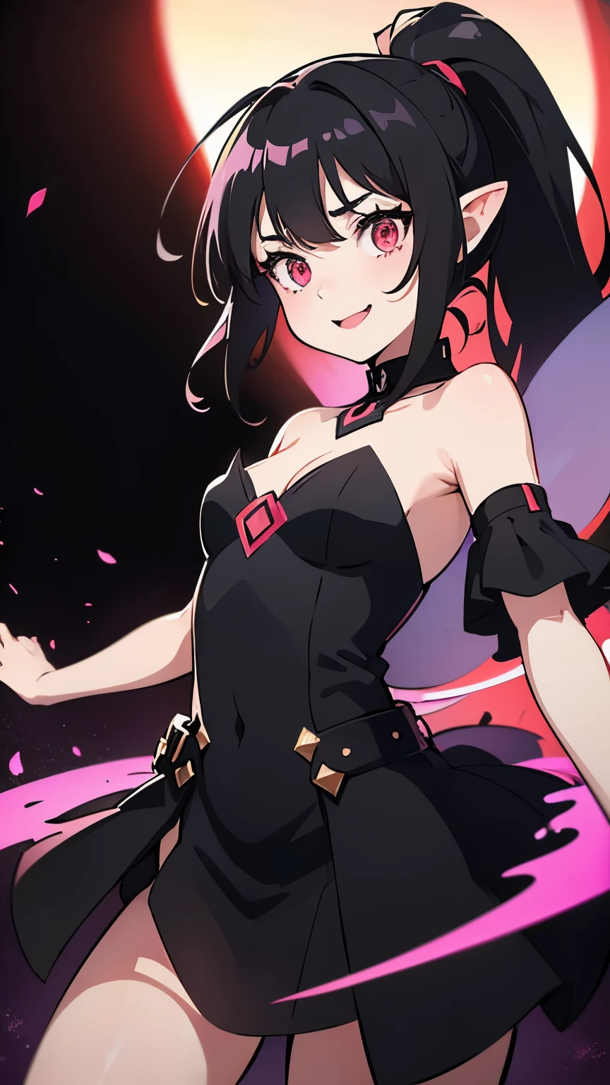 1girl, fairy girl, small, fairy wings, ((glowing pink fairy wings)), (fairy wings), Black hair color, ponytail hairstyles, short ponytail, red eye color, wearing leather armor, silver shoulder pads, black clothes,(glowing eyes), high resolution, extremely detailed CG unity 8k wallpaper, ((masterpiece)), ((top-quality)), (beautiful illustration), ((an extremely delicate and beautiful)), (masterpiece, Best quality, ultra high resolution), 1 girl, pale skin, Black Crown, red eyes, Luminous_eyes, neon red eyes, ultra detailed eyes, Beautiful and detailed face, detailed eyes, (Centered, torso), (wide shot:0.9), facing the viewer, Eye level, (floating hair), character focus, ((black light)), ((dark lighting)), cinematic lighting ,(darkness), (concept art), ((energetic face)), wide open smile, waving excitedly