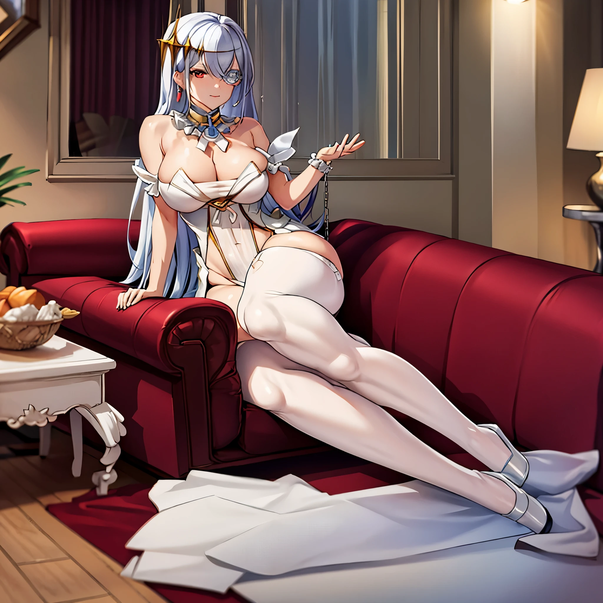 A woman sitting on the sofa with her legs folded, in a modern house.