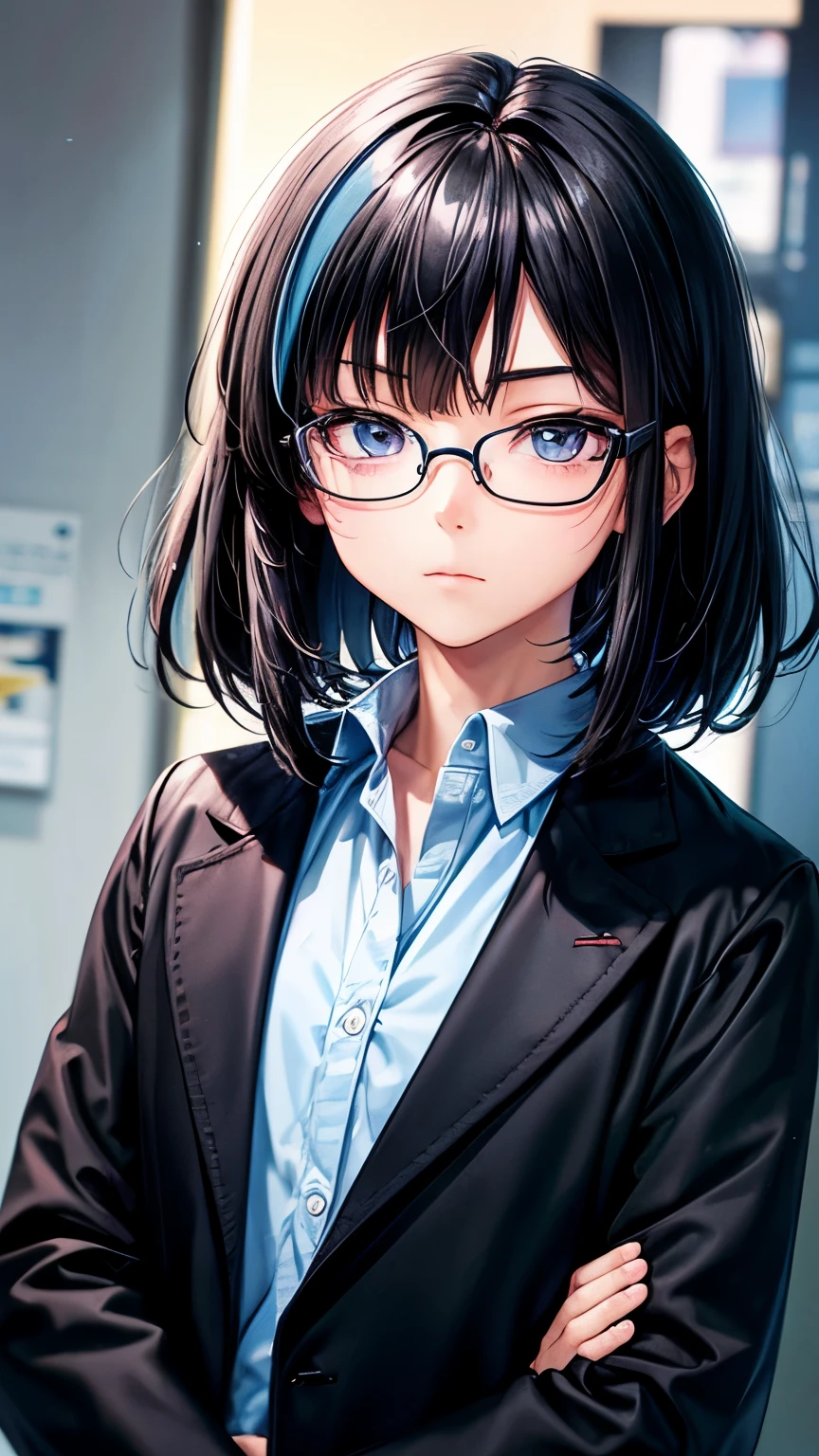 17 years old Japanese high school student boy ((boy’s body shape )),straight hair ((jet-black hair , very short hair )),((asymmetrical much shaggy long forelock)),BREAK, older and intrepid face, ((jet-black close buttoned coat , black slacks )), blue lenses glasses ,BREAK, thin sharp eyes ((shiny pale blue eye, )), blush , BREAK, boring atmosphere,((face focus:1.3)), his arms folded ,((NSFW))
