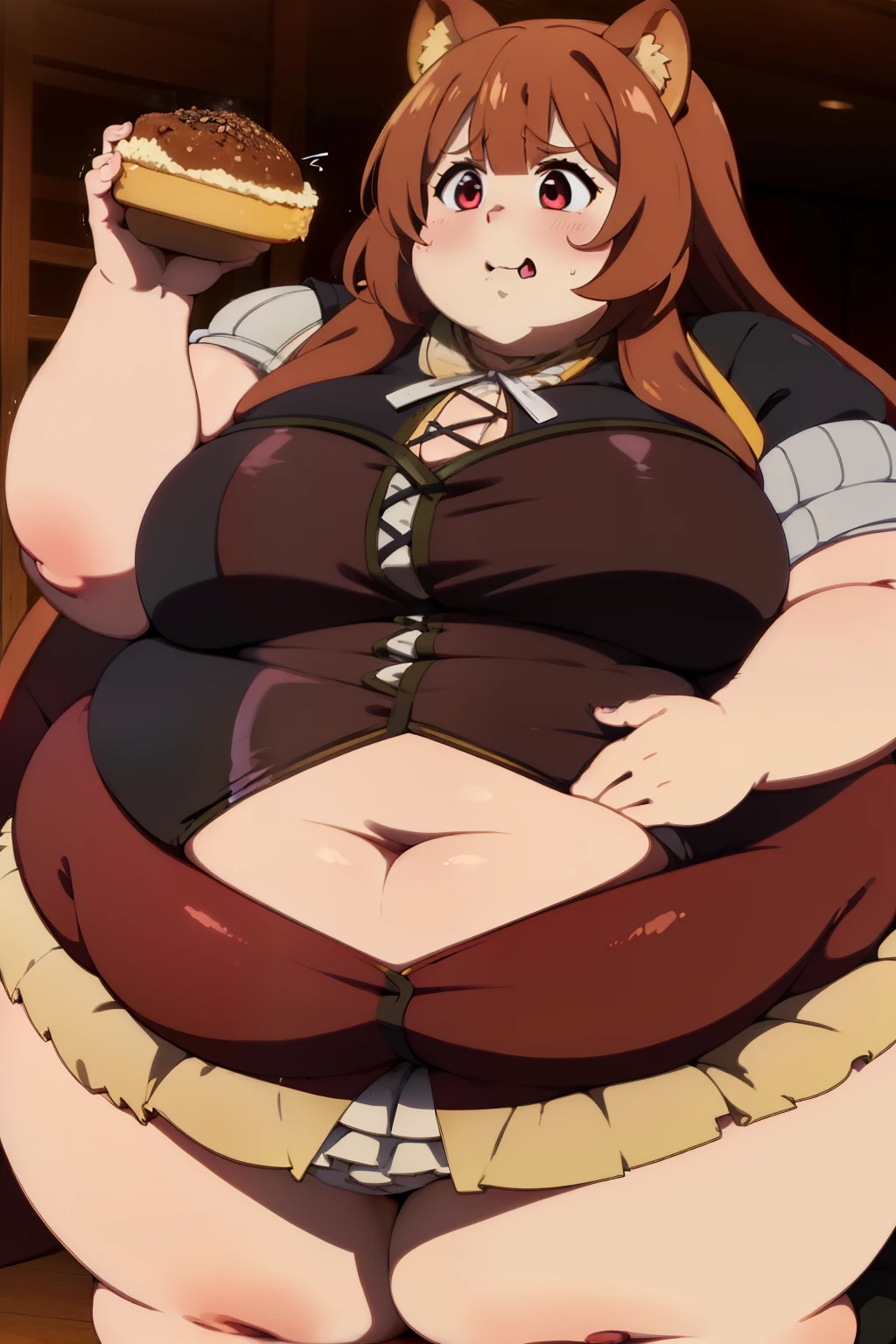 Raphtalia fat, force feed, obese, fat, fatter, round, rotund, cursed, food in the hands, grab belly, overeating, stuffed raccoon, burp, burping, scared, red suit, massive fat, huge fat, glutton, gluttony, gluttonous, voracious