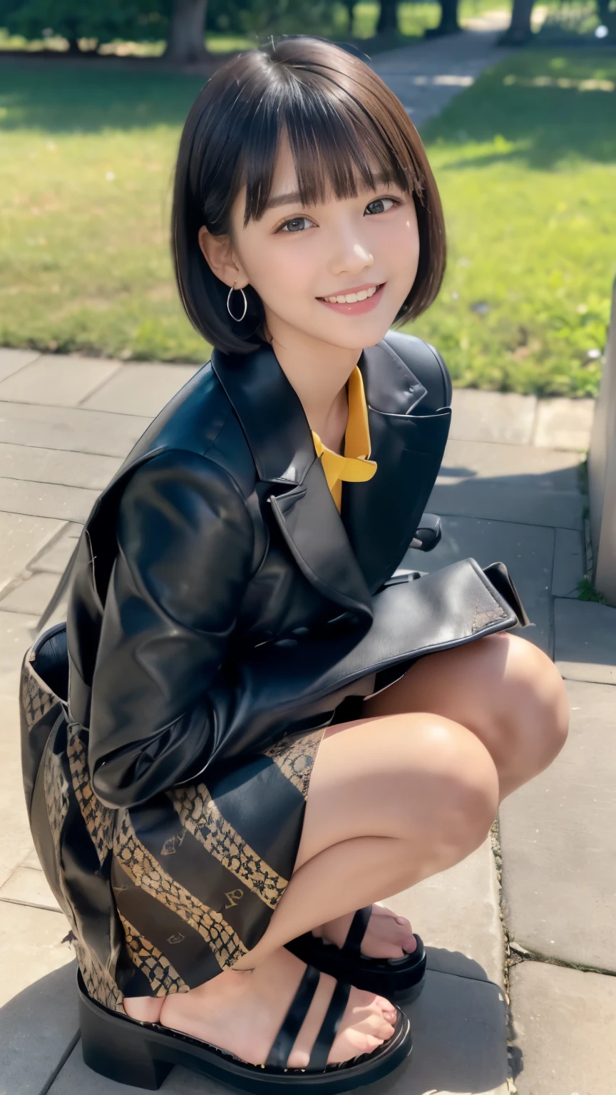 Masterpiece, Best-quality, RAW-photo, Ultra-High-Resolution, Photorealistic, 
(Anatomically correct, 16-years-old, viewer's lover, She is in a romantic relationship with the viewer, she truly loves viewers, baby face, cute face, Perfect human body, slim waist and busty body, Slender legs, Large breast, Realistic skin, angle from below), 
((Wear Black stainless steel collar coat, black high-cut leather boots, yellow plaid maxi skirt, Louis Vuitton monogram pattern bag)), 
(maiko, Round face, Black hair, Moist eyes, Shining eyes, Short bob cut, Bangs, Down-slating eyebrows, one little earring, Light blush), 
(Look at the viewer, make eye contact with the viewer, show whole body), 
(Smiling happily, parted lips, tongue), 
(large park, welcoming the viewer, greet the viewer), 
Natural lighting, full length, 