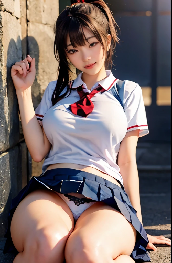 Japanese high school uniform,Wear a short pleated skirt 、Silk panties sticking out、panty shot、focus on panties、soft skin body、ponytail, japanese girl, 8K, huge breasts,full body shot、 highest quality, masterpiece, realistic, Photorealistic super detail, one girl, cute, best smile, beautiful eyes, long hair, perfect face,full body shot