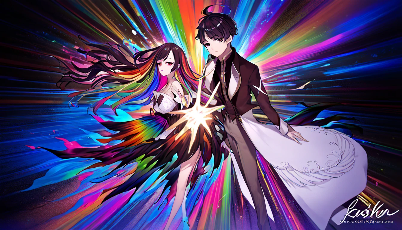 anime, High image quality, delicate details, unbroken face, beautiful face, very good fingerasterpiece), best quality, expressive eyes, perfect face, 1boy, black hair, dark, sickly, low saturation, dark colorful color eyes, dark, rainbow hair, dark rainbow eyes, full body, dynamic, (((BOY)))