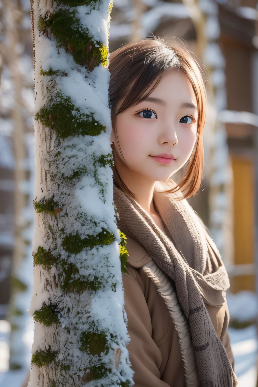 ((sfw: 1.4)), (sfw, birches with snow, old house, sun in the background, 1 girl)), ultra high resolution, (realistic: 1.4), RAW photo, highest quality, (photorealistic stick), focus, soft light, (()), ((Japanese)), (((young face))), (surface), (depth of field), masterpiece, (photorealistic), woman , bangs, ((1 girl))